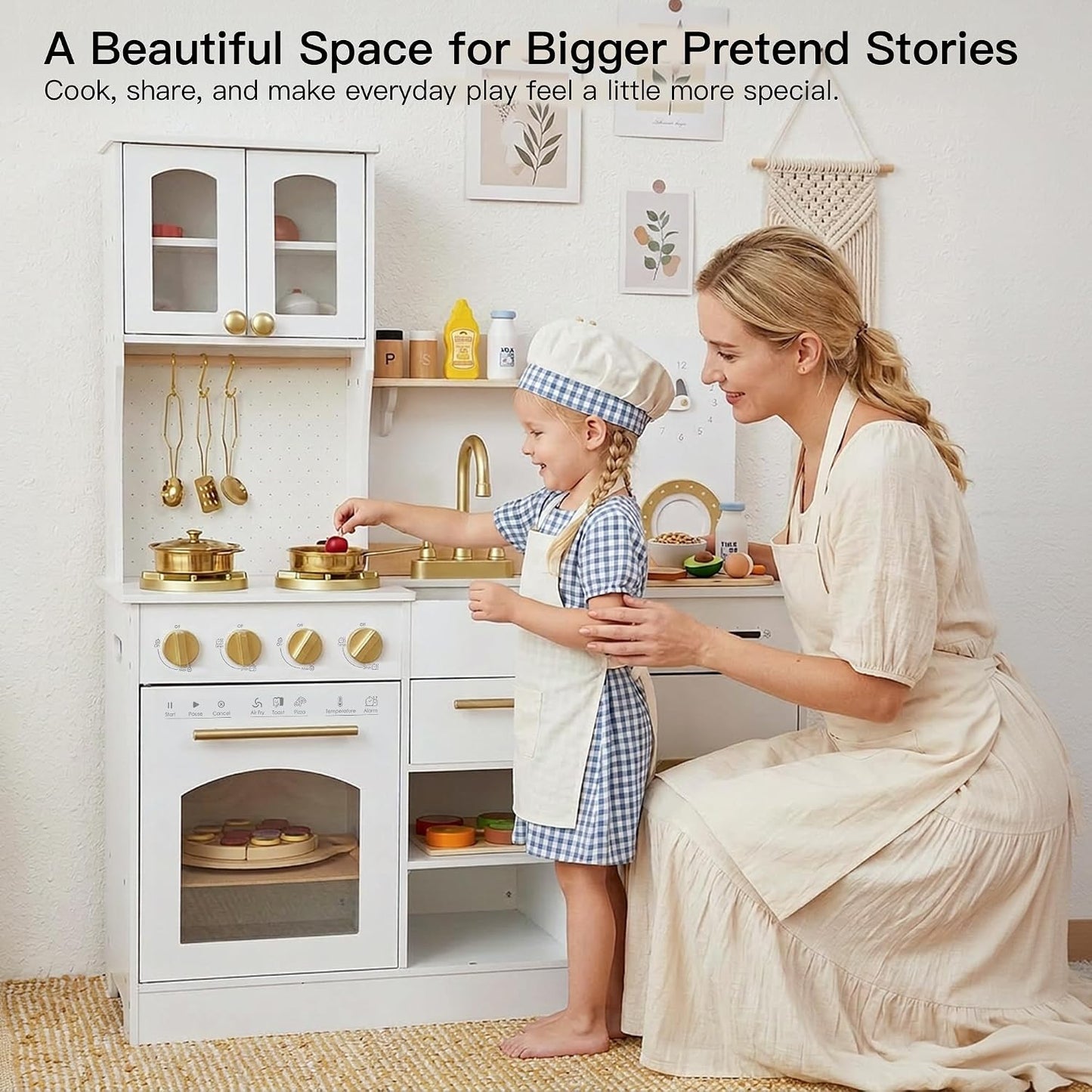 Wooden Play Kitchen for Kids with Extra Storage & Accessories, Kids Kitchen Playset, Pretend Play Toy Kitchen Set, Gift for Kids Ages 3+