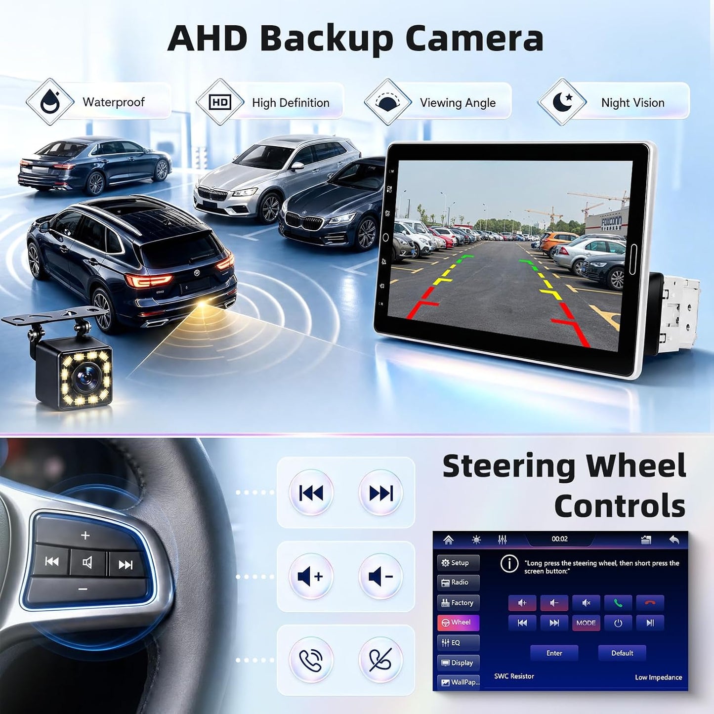 MAHVEC 10.1'' Single Din Car Stereo with Wire/Wireless CarPlay Android Auto | HD IPS Mipi Rotatable & Adjustable Touchscreen Radio with 5.2BT,FM/AM/RDS Radio,Mirror Link,SWC,USB Charging,Backup Camera