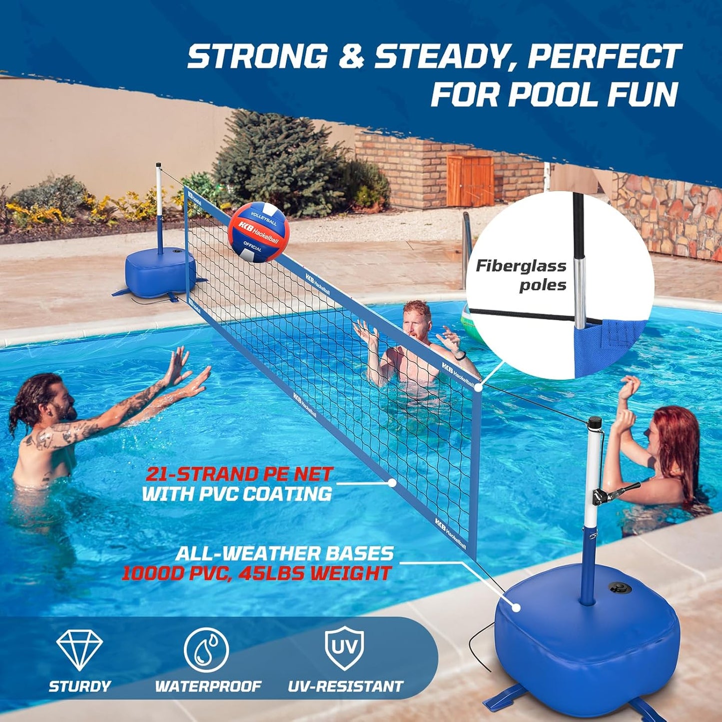 Pool Volleyball Net Set with Adjustable 15ft-32ft Length & Height, LED Lights, 2 Volleyballs (1 glows in the dark)