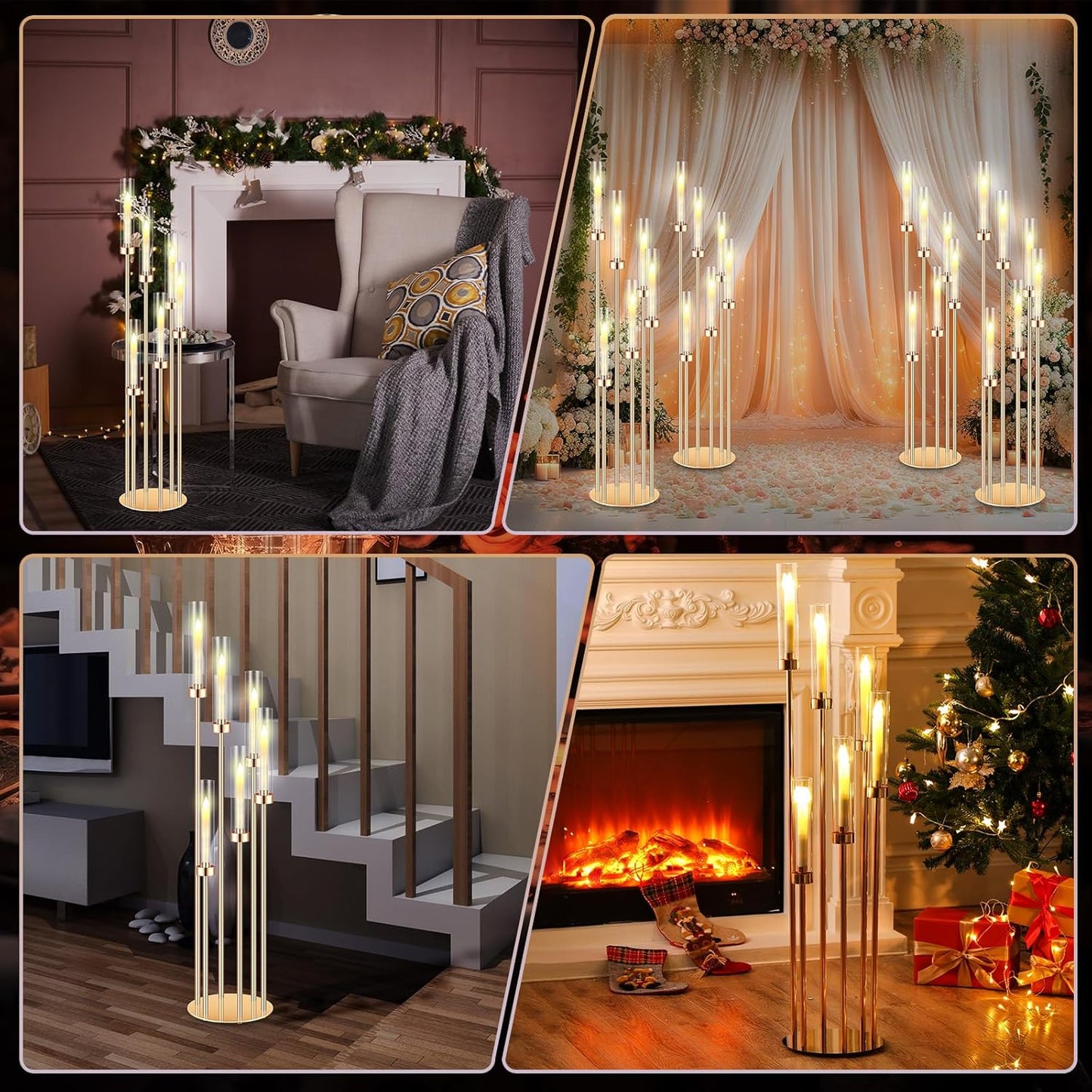 Tandefio 4 Sets Acrylic Candelabra Centerpieces 46.5'' Tall Clear Candle Holders Pillar Taper Candlestick with Lampshades 6 Arm Floor