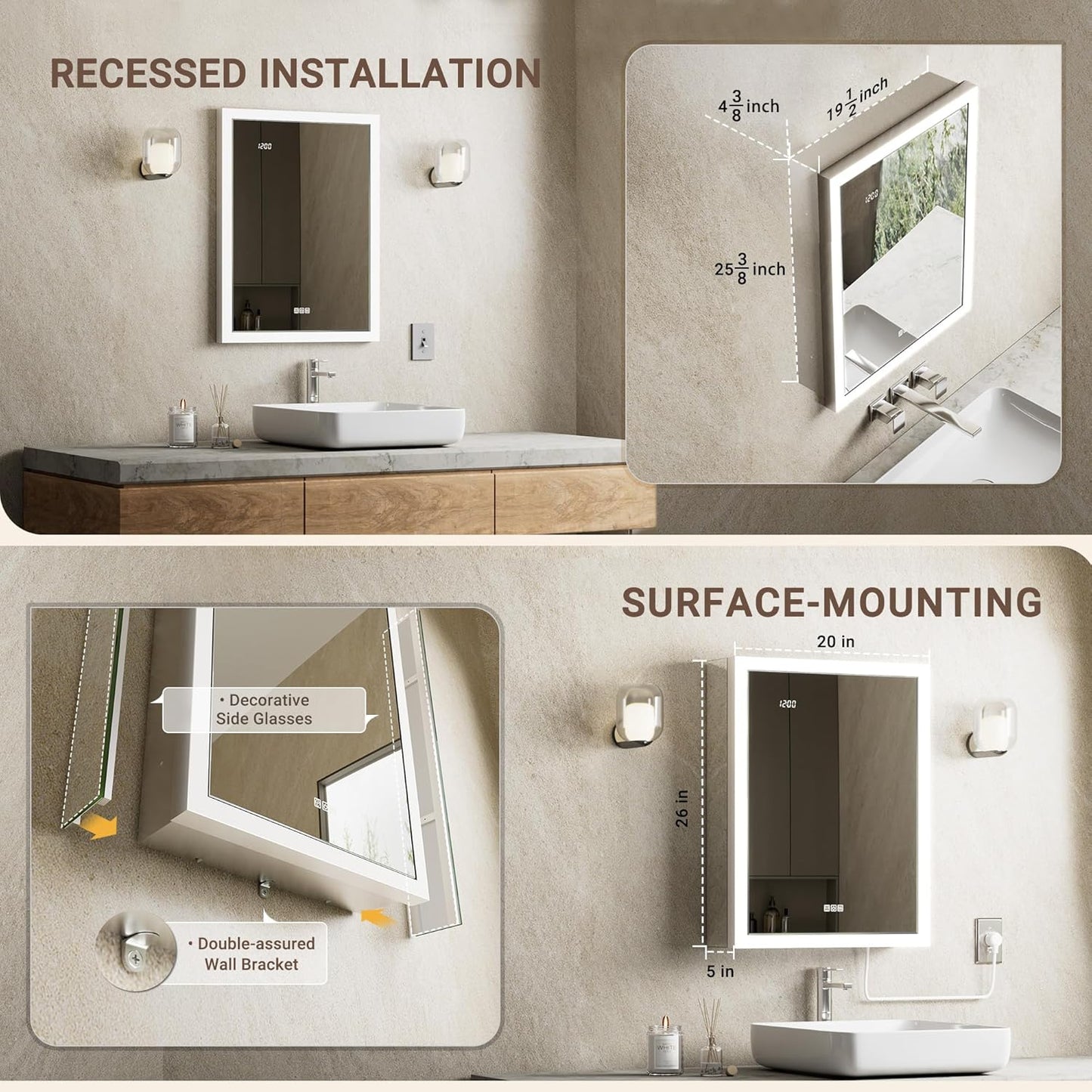 Lighted Medicine Cabinet 20x26 Assembly-Free Surface or Recessed LED Medicine Cabinet with Mirror & Light, Fogless Metal Lighted Mirror Cabinet w/