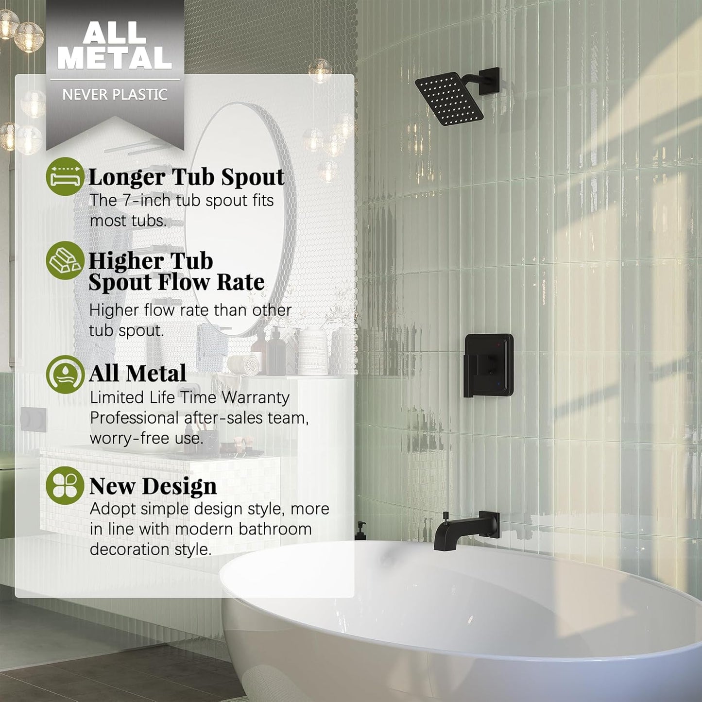Gabrylly Shower Faucet Set, Bathtub Faucet with 6" Rain Black Shower Head and Handle Set, Single-Handle Tub Shower Tr