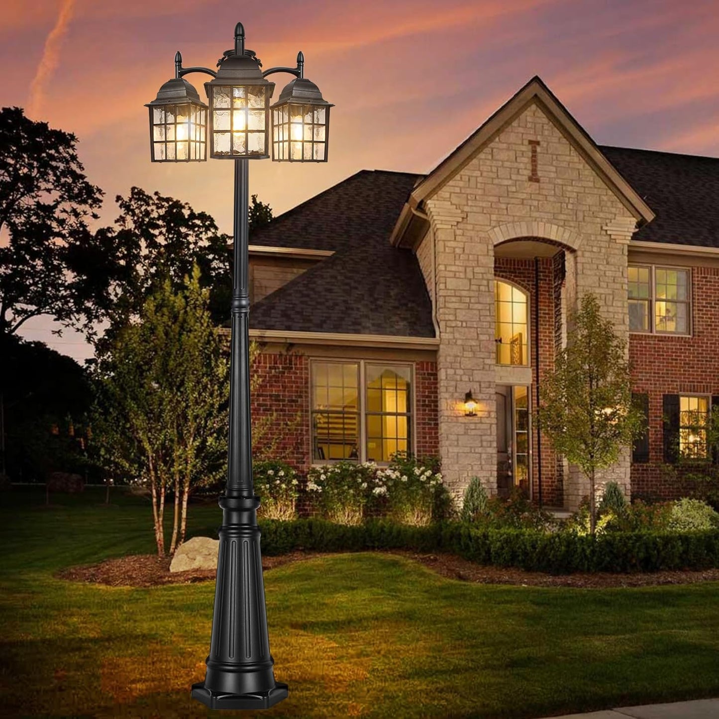 Dusk to Dawn Outdoor Lamp Post Lights, Aluminum Black Light Pole Water Ripple Glass Shades, 3-Head Hardwired Waterproof Outside Street Lights for