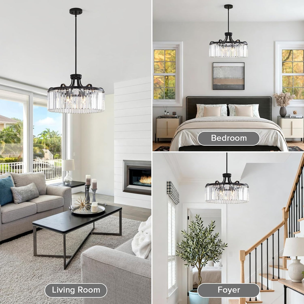 6-Light Modern Crystal Chandeliers, 20'' Black Chandeliers for Dining Room