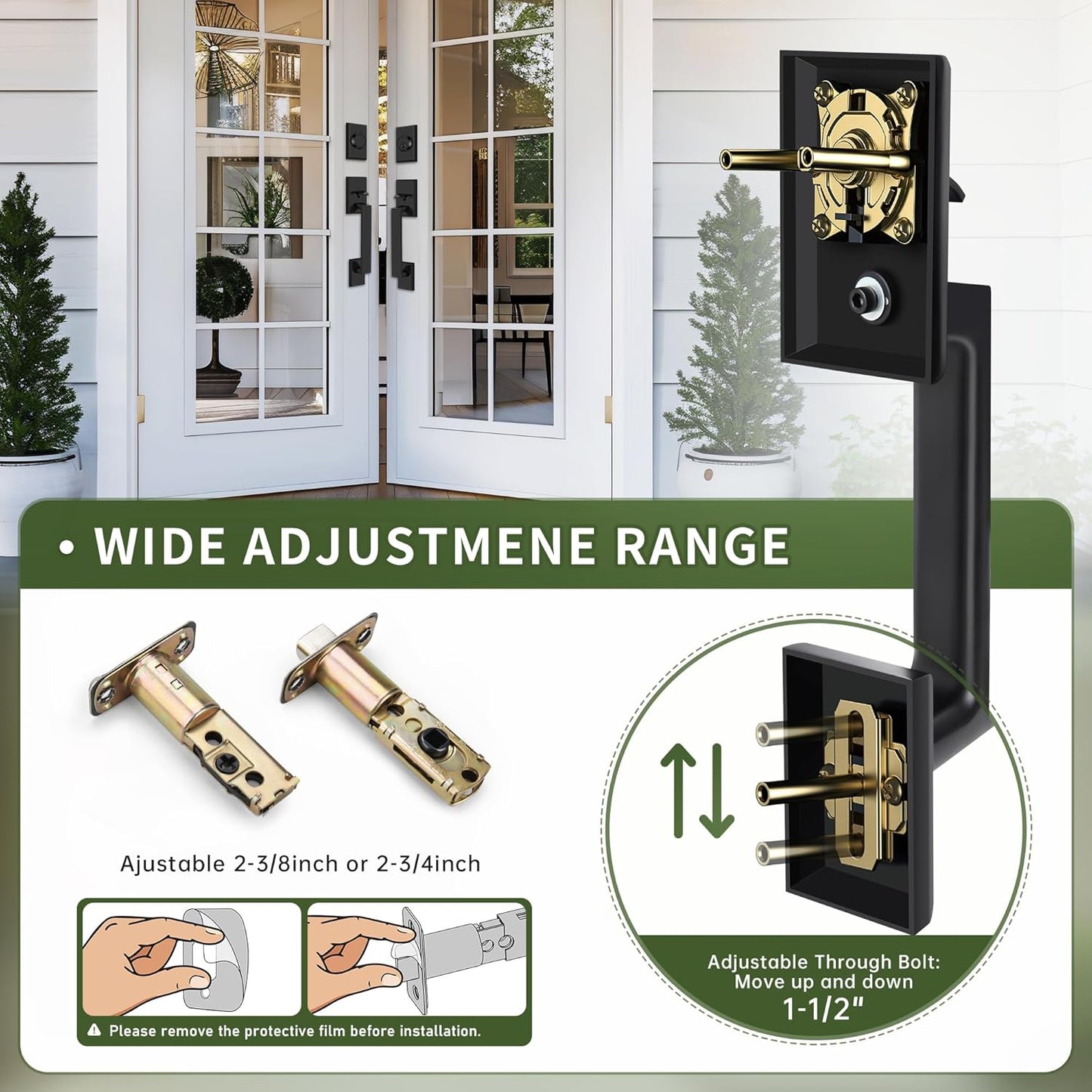 Double Front Door Lock Set, Matte Black Square Front Door Hardware Set, Heavy Duty Door Handle