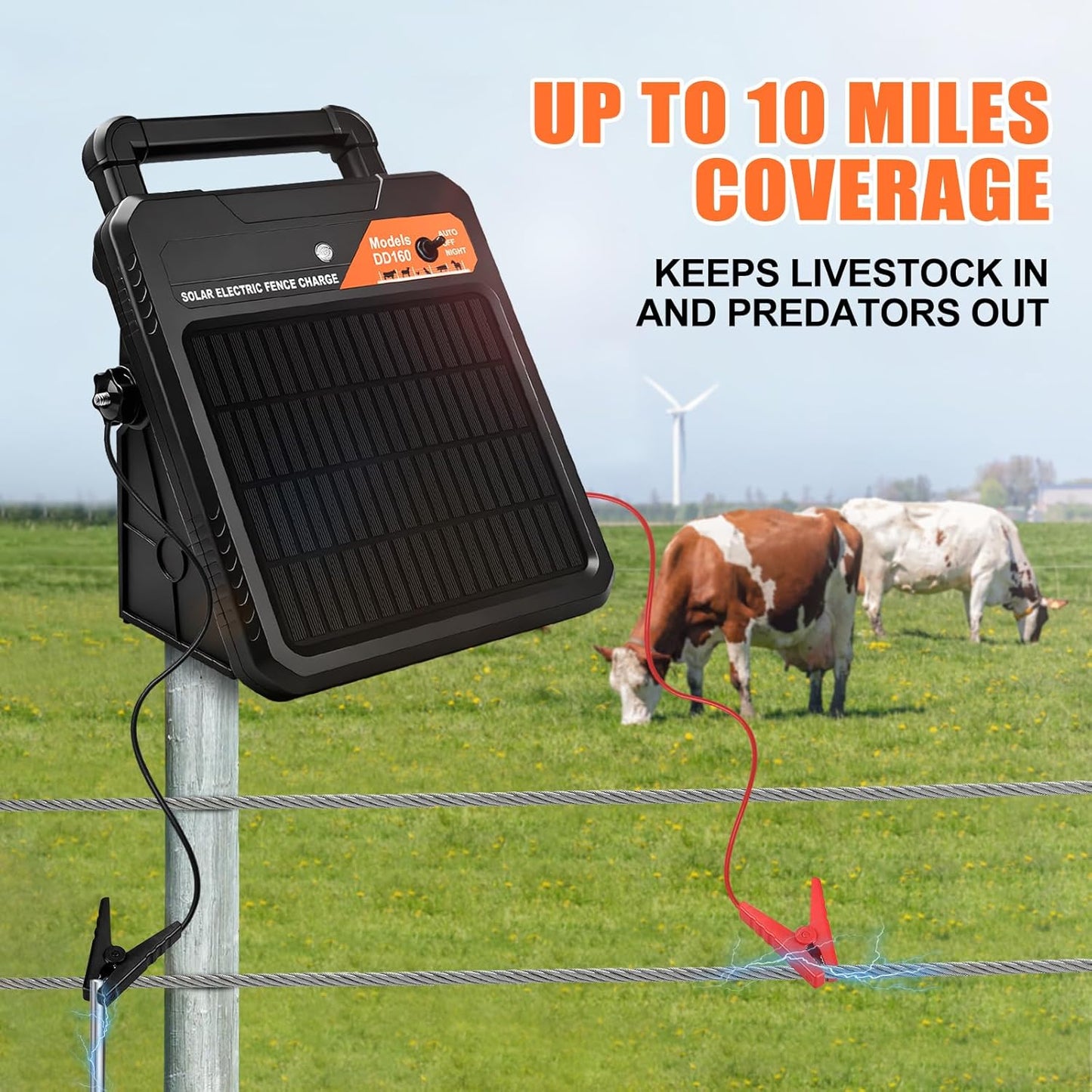 10 Miles Solar Electric Fence Charger 0.16J Portable Fence Energizer, Solar Fence Charger for Livestock Defense, 24-Hour Uninterrupted Protection