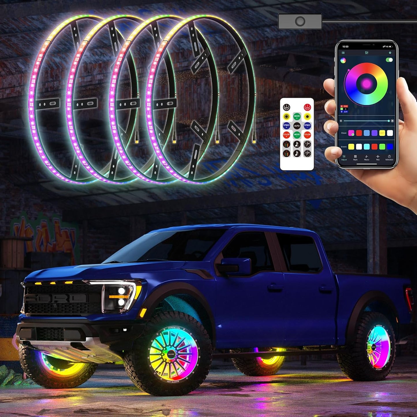 15.5 inch RGB Wheel Well Lights for All Vehicle with 18 or 19inch Tire