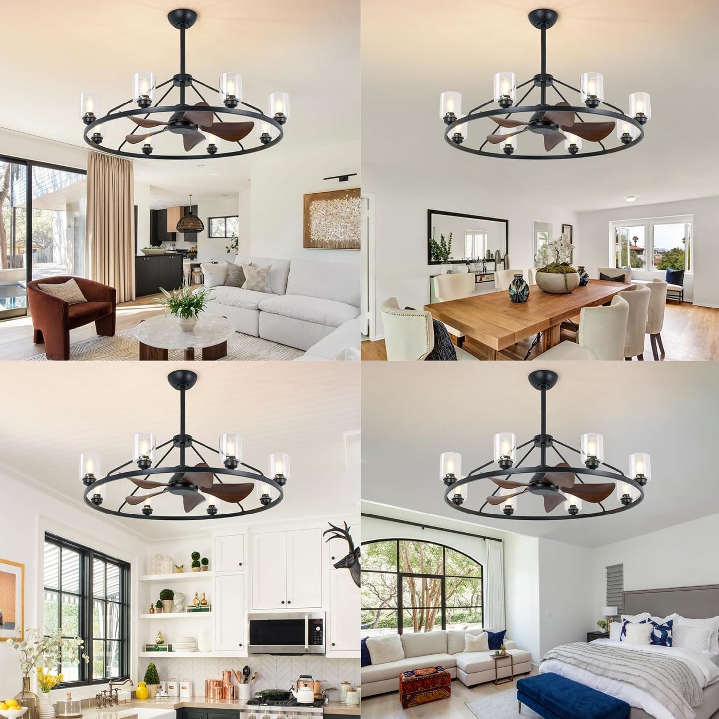 43' Black Wagon Wheel Chandelier Fan with Lights, 8-Lights Large Round Farmhouse Fandelier Light Fixture with Glass Shade, Rustic Industrial Ceiling