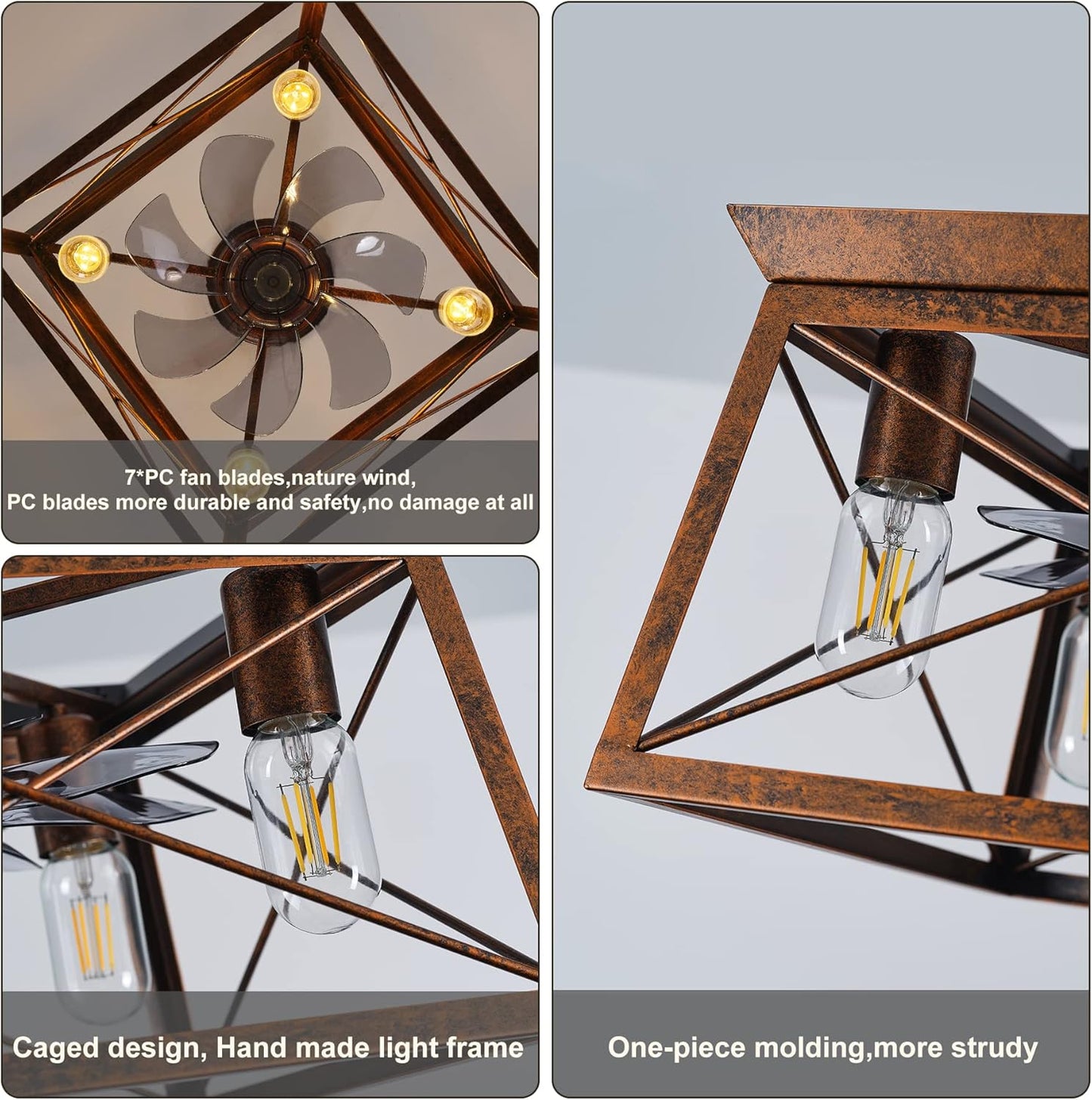 TRIBILLION Farmhouse Caged Ceiling Fan Light with Remote,Low Profile Ceiling Fan with Lights, Flush Mount Ceiling Light for Bedroom, Living Room