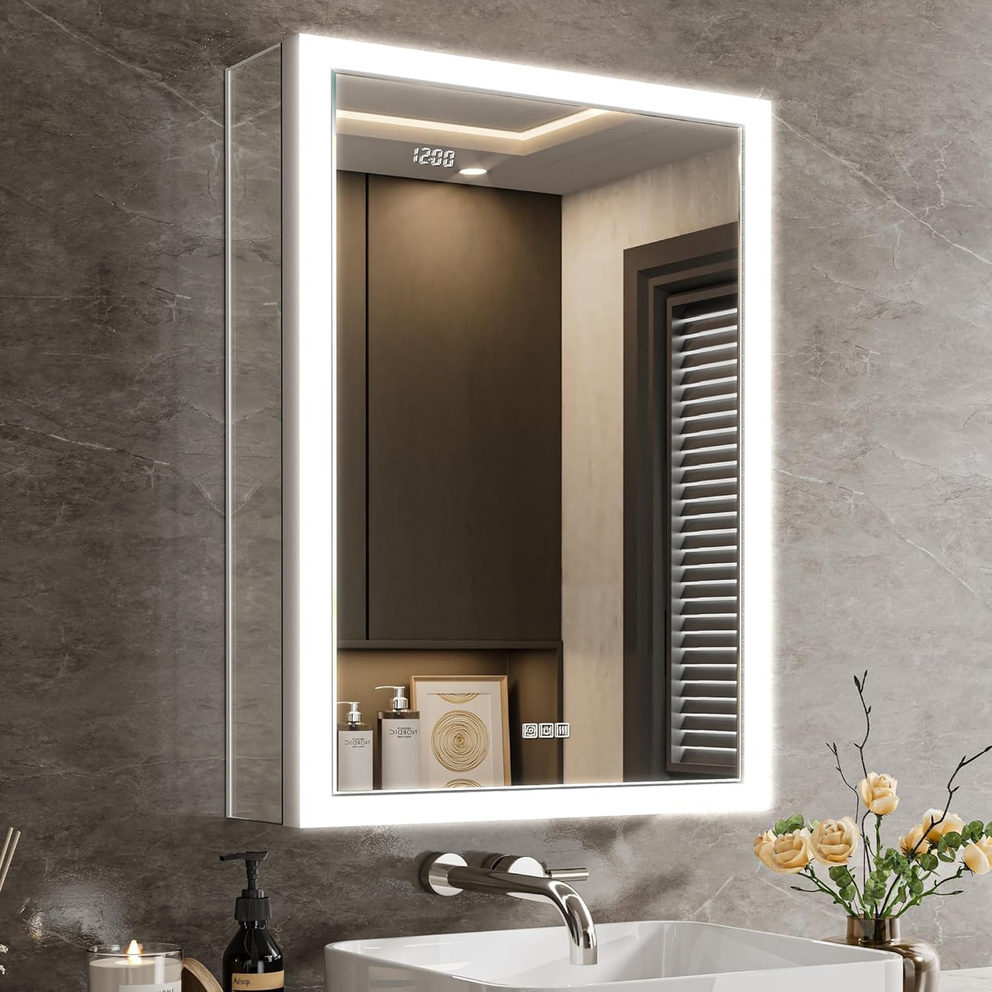 Lighted Medicine Cabinet 20x26 Assembly-Free Surface or Recessed LED Medicine Cabinet with Mirror & Light, Fogless Metal Lighted Mirror Cabinet w/