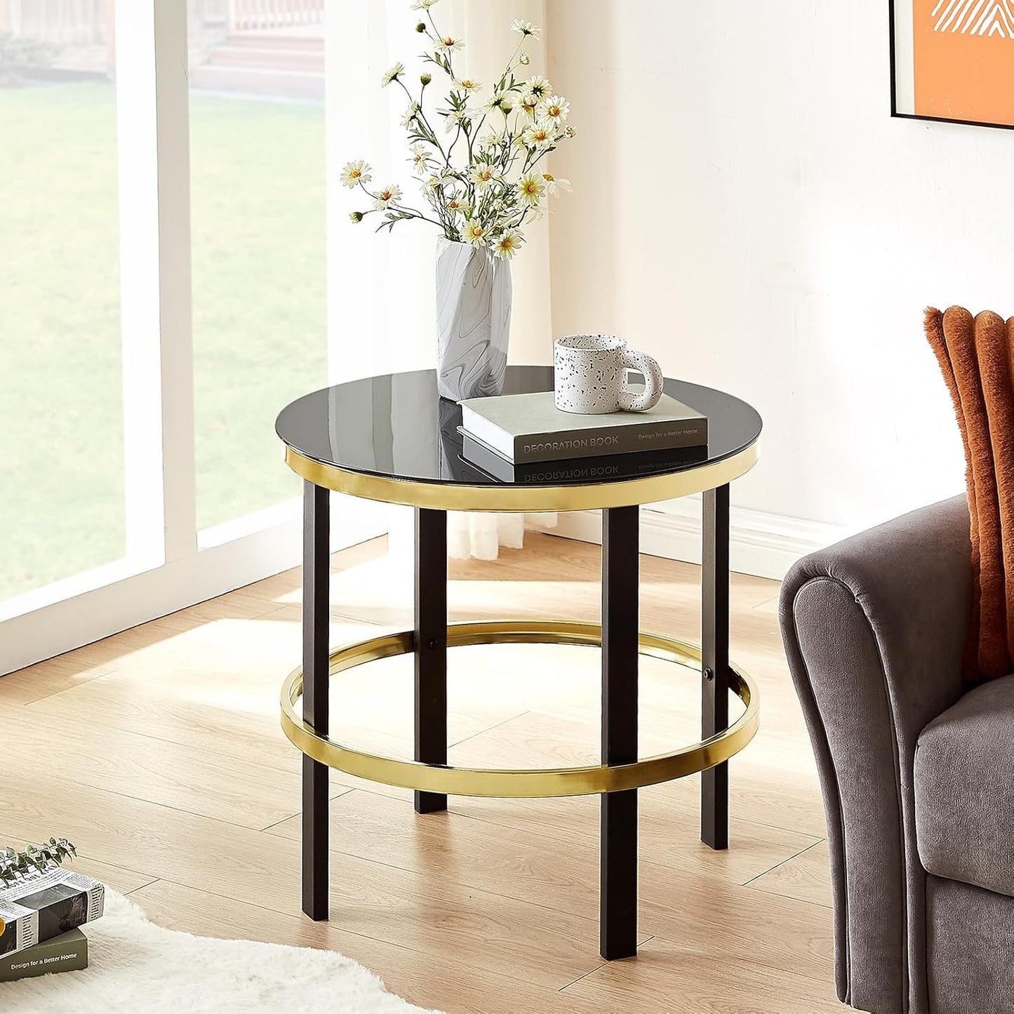 Furniturosy Round End Table, Modern Glass Side Table with Sturdy Metal Frame, Accent Table with Tempered Glass Top, Glass End Table for Living Room,
