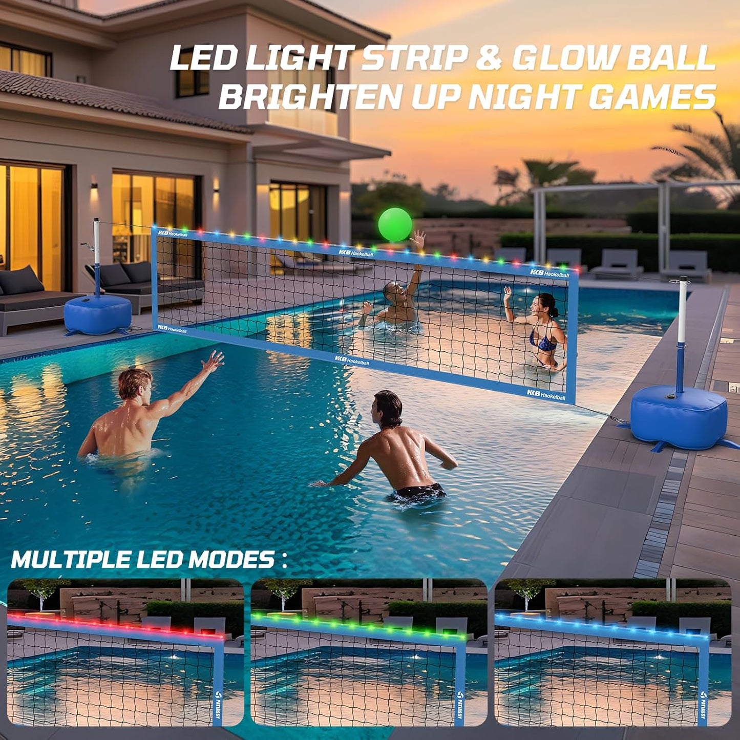 Pool Volleyball Net Set with Adjustable 15ft-32ft Length & Height, LED Lights, 2 Volleyballs (1 glows in the dark)