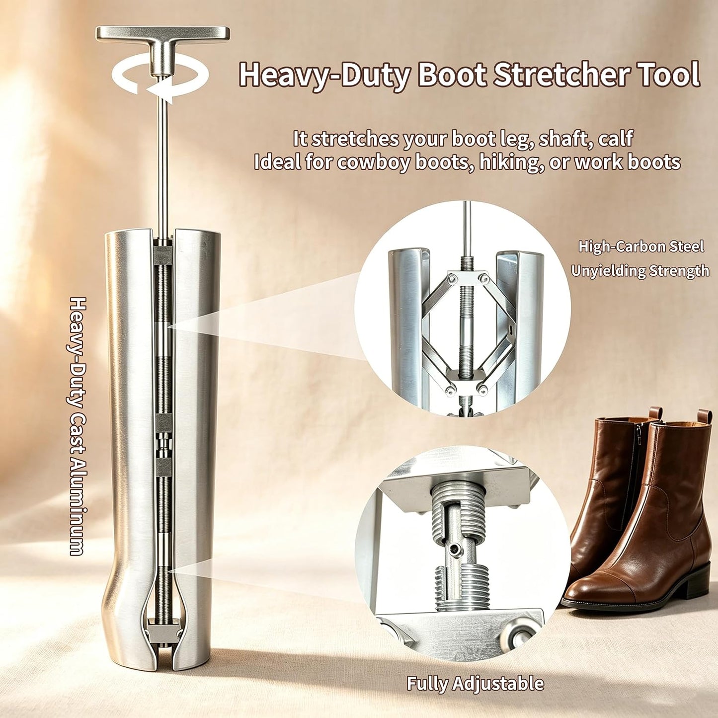 Professional Cast Aluminum Combination Boot Instep & Shaft Stretcher, Adjustable.Expander, Unisex Tool Relieves Tightness on Ankle, Calf & Lower Leg, Fits Most Tall Leather Boots