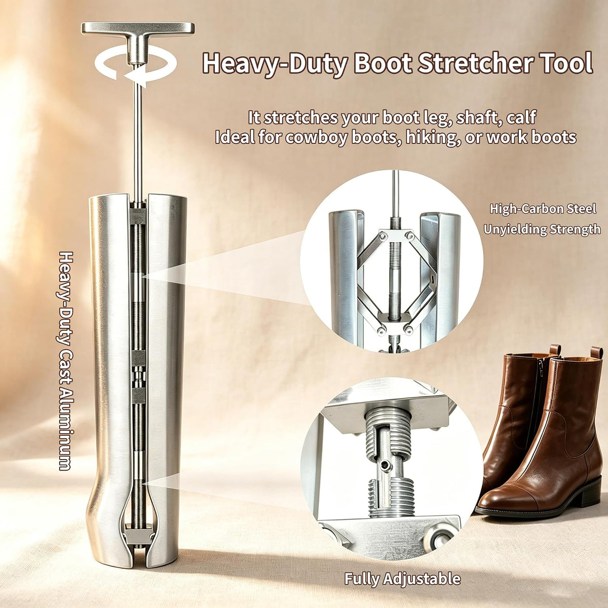 Professional Cast Aluminum Combination Boot Instep & Shaft Stretcher, Adjustable.Expander, Unisex Tool Relieves Tightness on Ankle, Calf & Lower Leg, Fits Most Tall Leather Boots