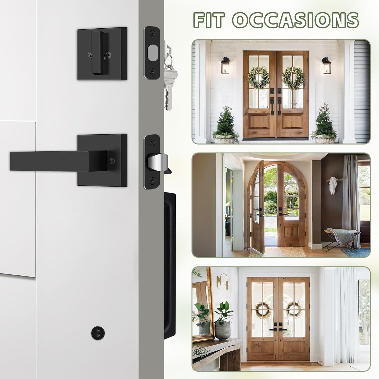 Double Front Door Lock Set, Matte Black Square Front Door Hardware Set, Heavy Duty Door Handle