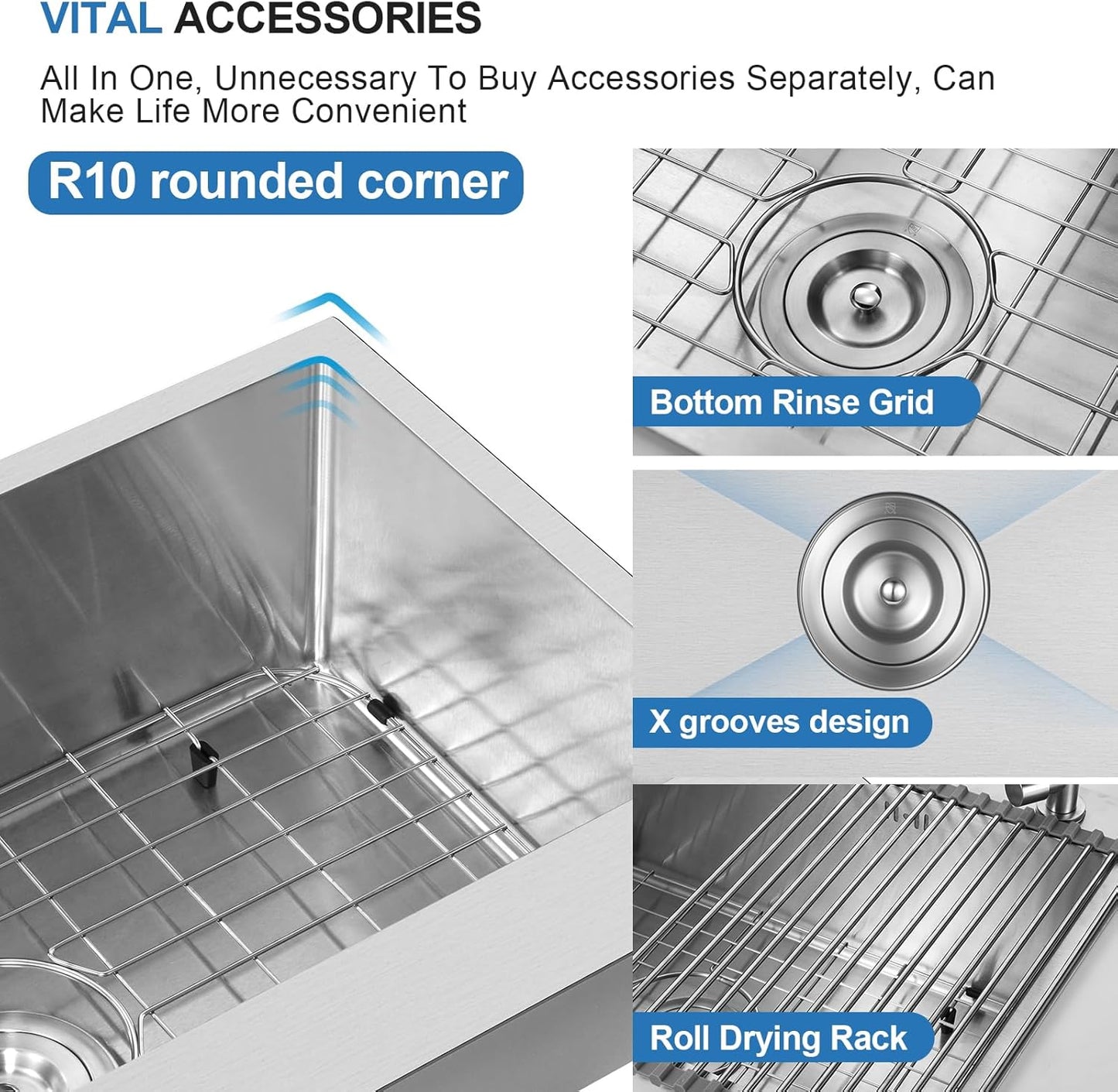 27-inch Drop-in Kitchen Sink , T304 Stainless Steel Kitchen Sink Single Bowl With 3 Holes, Soap Dips