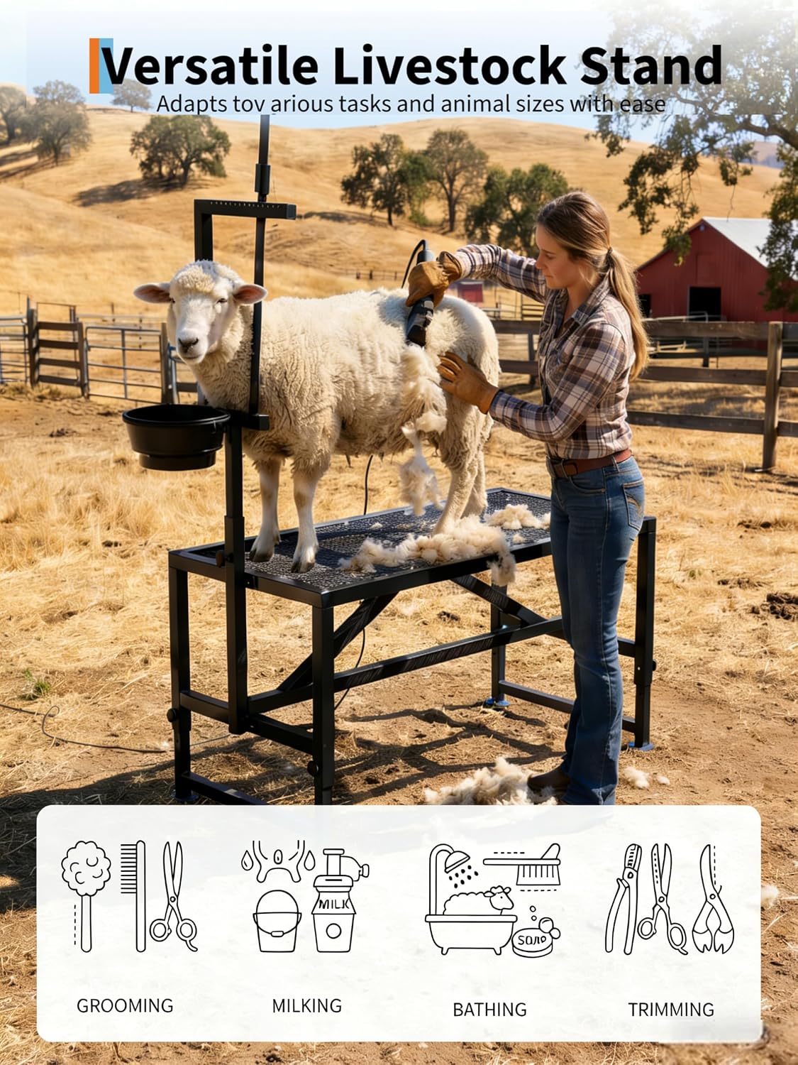 Heavy-Duty 400LBS Goat Stand with Feed Bin, 35 Inch Goat Milking Stand Adjustable Headpiece & Legs, Livestock Table for Grooming, Shearing, Physical Examination, Black