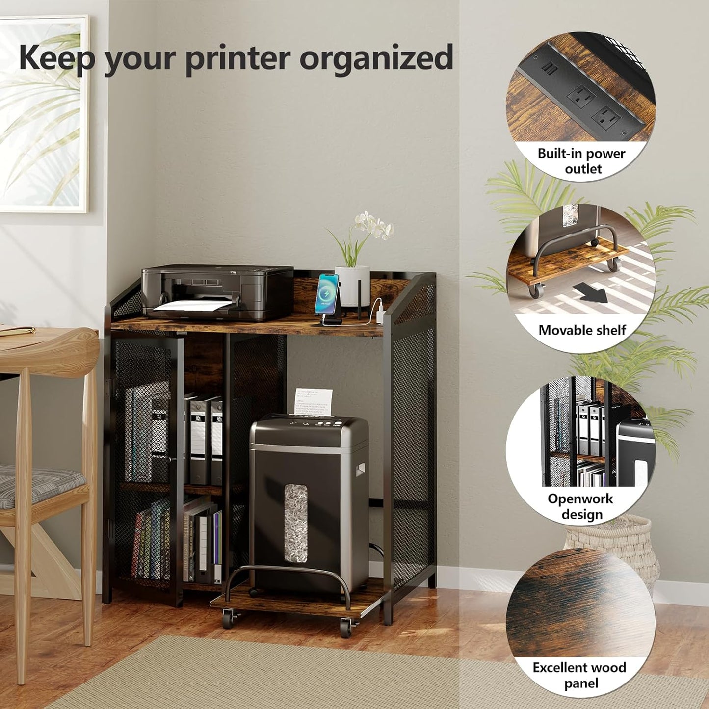 EasyCom Printer Stand with Charging Station and Paper Shredder Stand 3 Tier Lateral Printer Table with Open Storage Shelves- Printer Shelf for