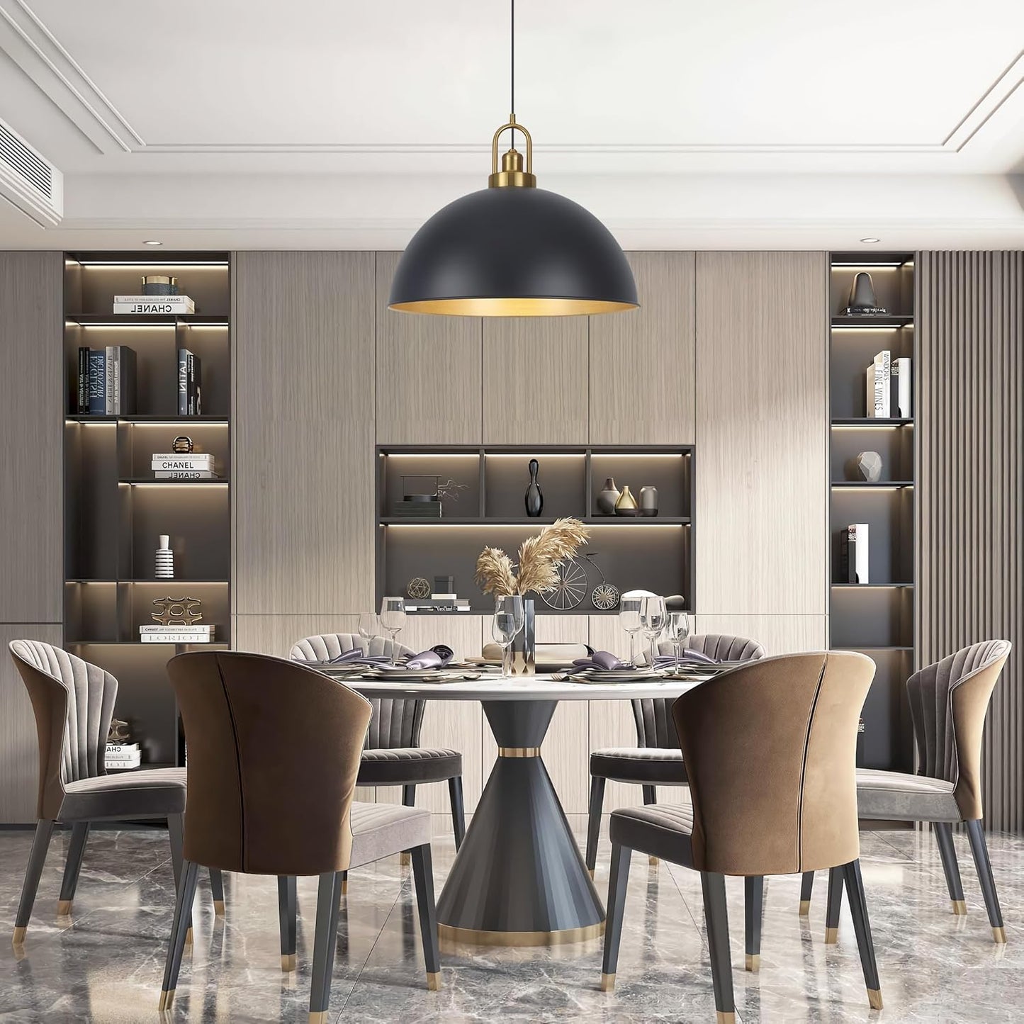 Matte Black Dome Pendant Light 19.68' Large Farmhouse Chandelier Adjustable Metal Hanging Lighting Fixture for Kitchen Island Bedroom Dining Room and