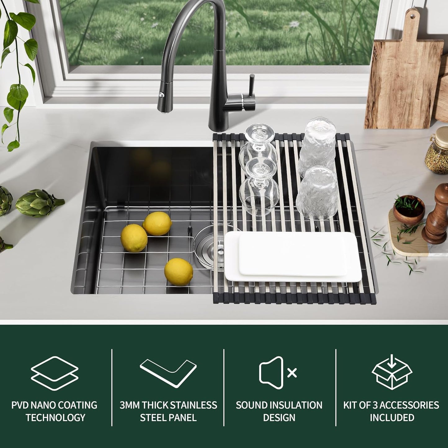 Black Wet Bar Sink Undermount 14 x 18 inch, PVD Nano Stainless Steel, Handmade, Single Bowl with Drain Strainer