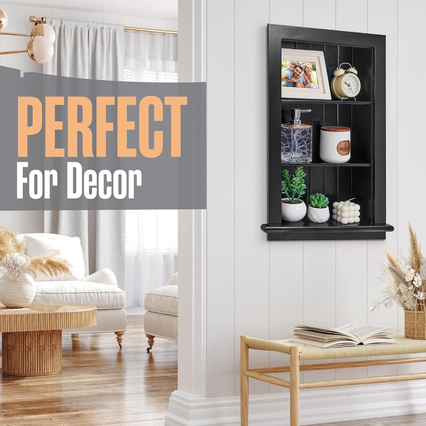 Recessed Medicine Cabinet, Wall Niche, In Shelves, Shelf Insert, 14"W x 24"H ID, 17"W x 27"H OD, 3 Tier, Black, Wood, Shallow Drywall