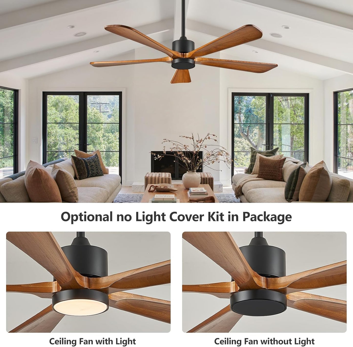 BOOSANT 52' Modern Ceiling Fan with Lights and Remote Control, 5 Solid Wood Blades 6-Speed Noiseless Reversible DC Motor, Ceiling Fan for Bedroom,