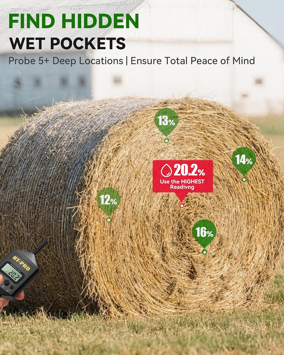 Hay Moisture Tester with 20" Reinforced Probe, Digital Hay Moisture Meter with Temperature Reading for Alfalfa, Hay Bales, Square and Round Bales, Carry Bag Included,Black