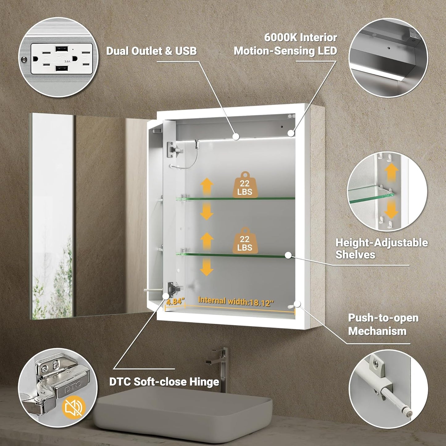 Lighted Medicine Cabinet 20x26 Assembly-Free Surface or Recessed LED Medicine Cabinet with Mirror & Light, Fogless Metal Lighted Mirror Cabinet w/