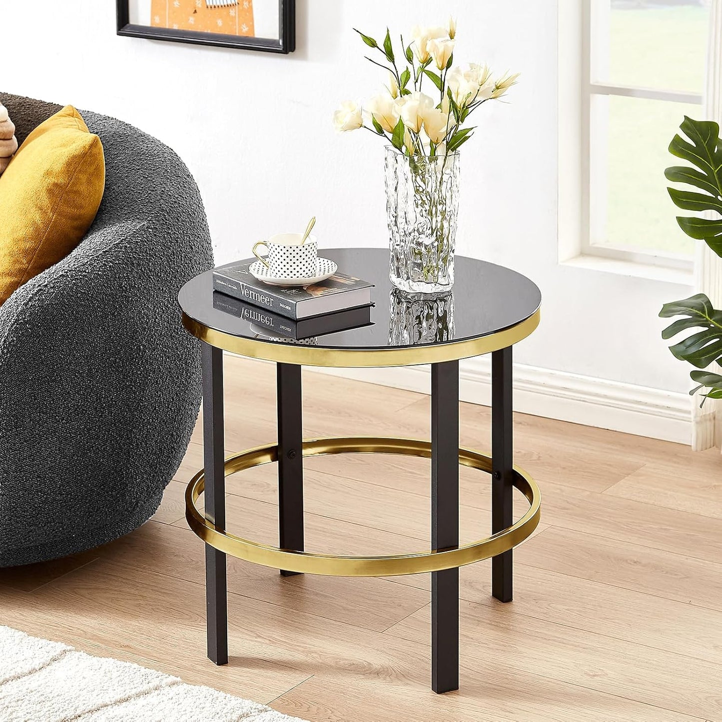 Furniturosy Round End Table, Modern Glass Side Table with Sturdy Metal Frame, Accent Table with Tempered Glass Top, Glass End Table for Living Room,