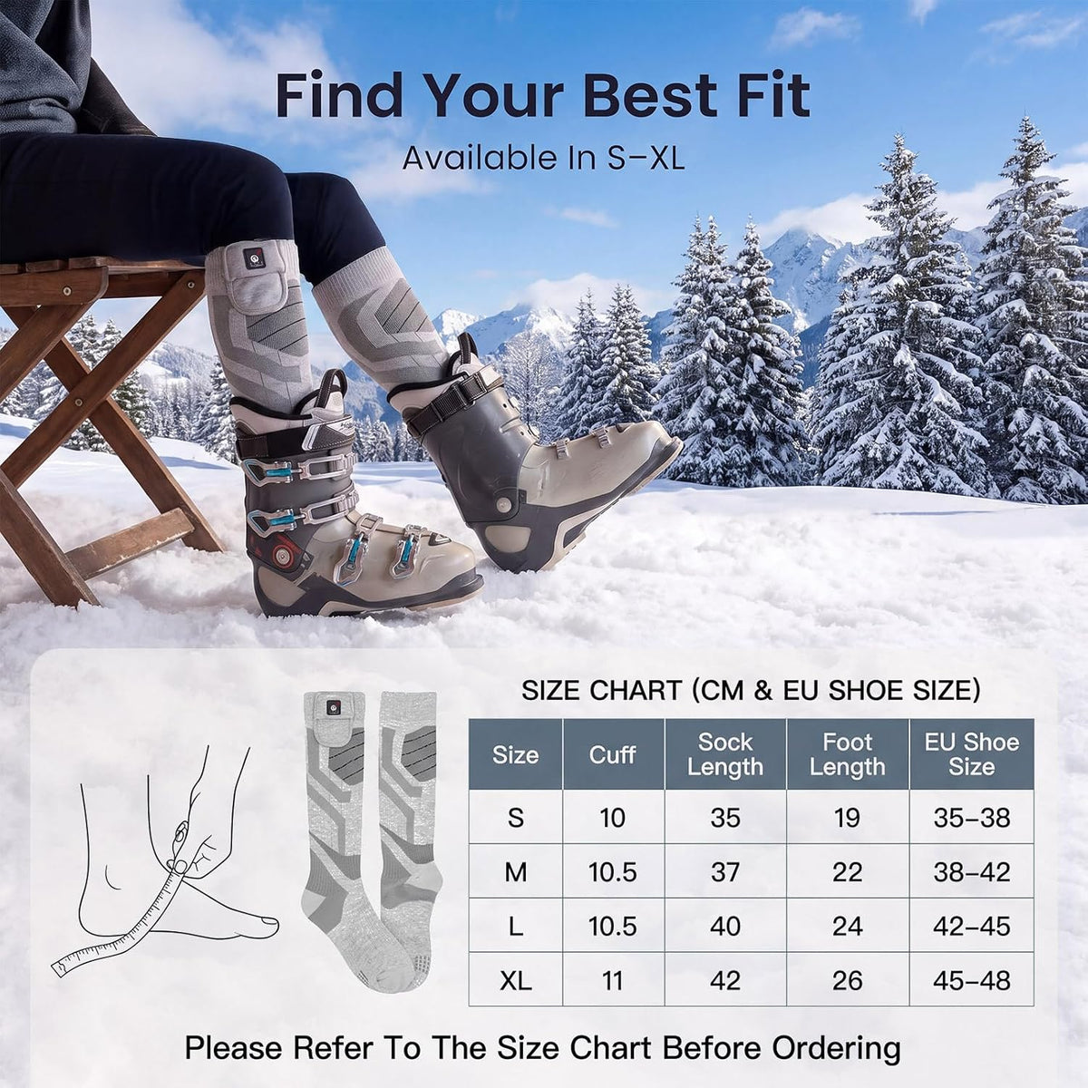 SUN WILL Heated Socks for Men Women, 3 Heat Settings, USB Rechargeable grey Large