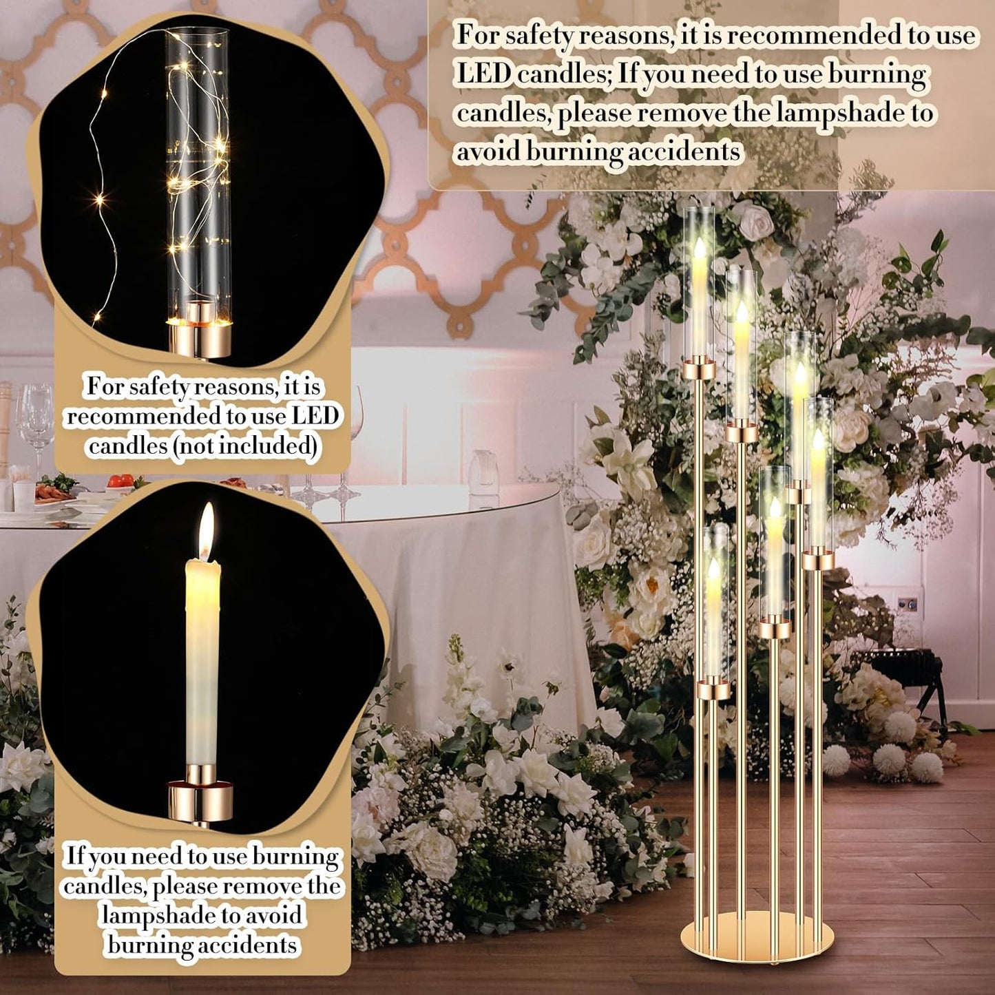 Tandefio 4 Sets Acrylic Candelabra Centerpieces 46.5'' Tall Clear Candle Holders Pillar Taper Candlestick with Lampshades 6 Arm Floor