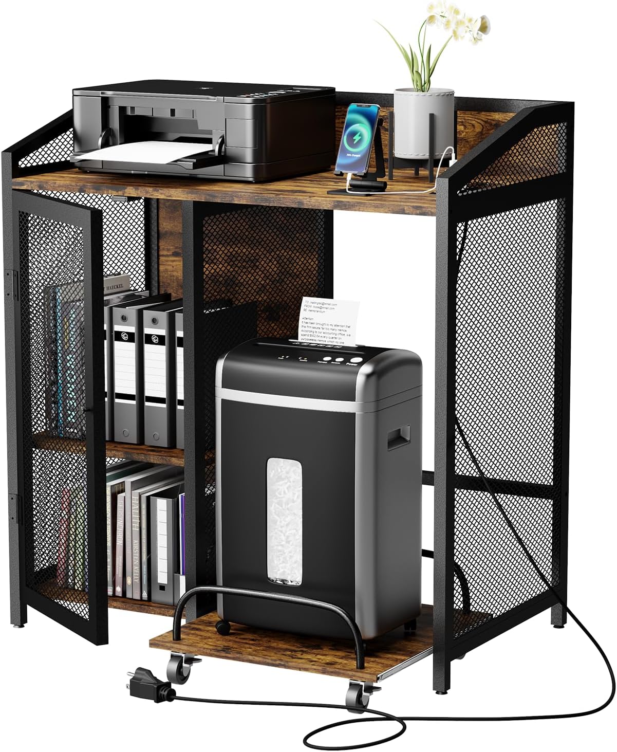EasyCom Printer Stand with Charging Station and Paper Shredder Stand 3 Tier Lateral Printer Table with Open Storage Shelves- Printer Shelf for