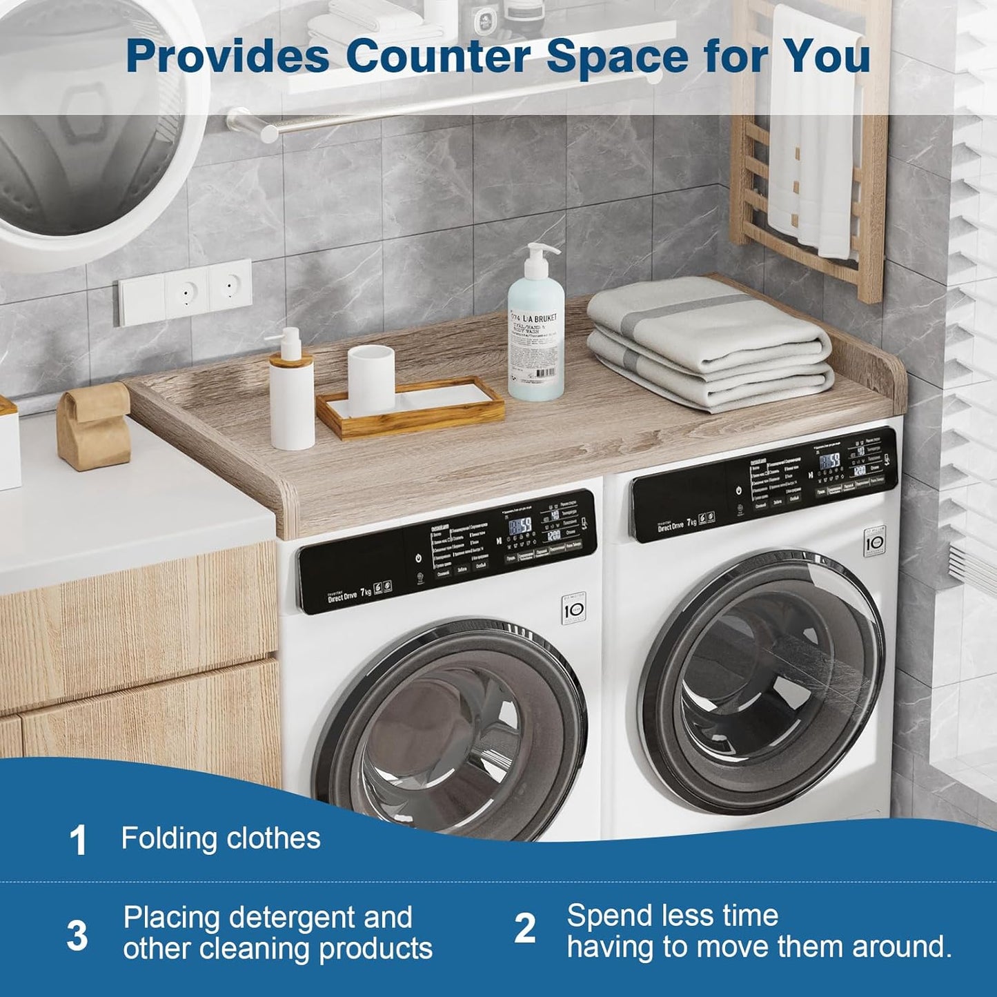 Washer Dryer Countertop 27.5" W x 54" L Laundry countertop for Storage and Organization with Edge Rails, Oak (O