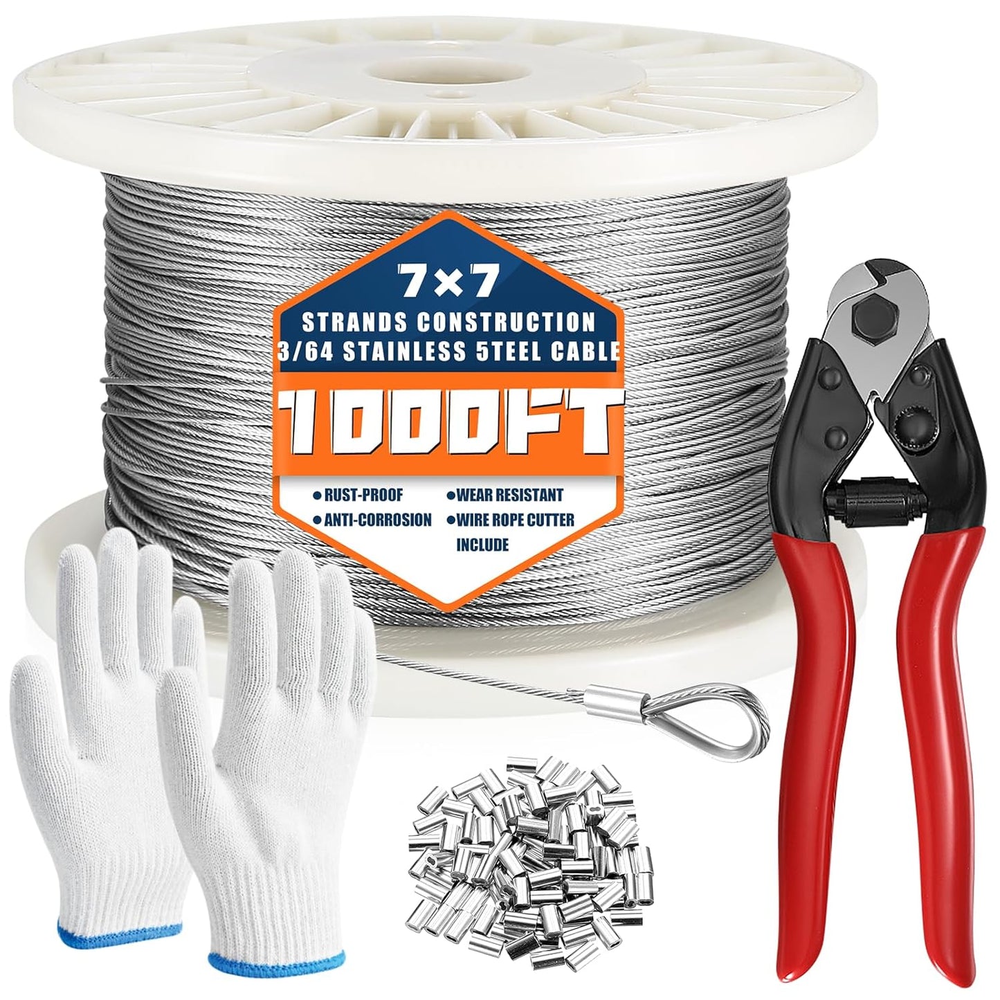 1000FT 3/64'' T316 Stainless Steel Cable, Marine Grade Decking Stairs Braided Steel Cable, 7 x 7 Strands Construction,Comes with Wire Cutter