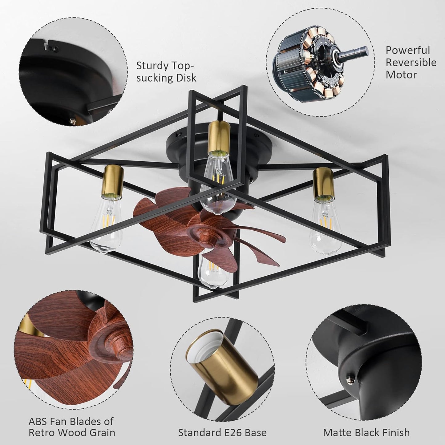 OSGNER Low Profile Ceiling Fans with Lights, Black Caged Ceiling Fan with Lights Remote Control, Square Bladeless Ceiling Fan with Light, Flush Mount