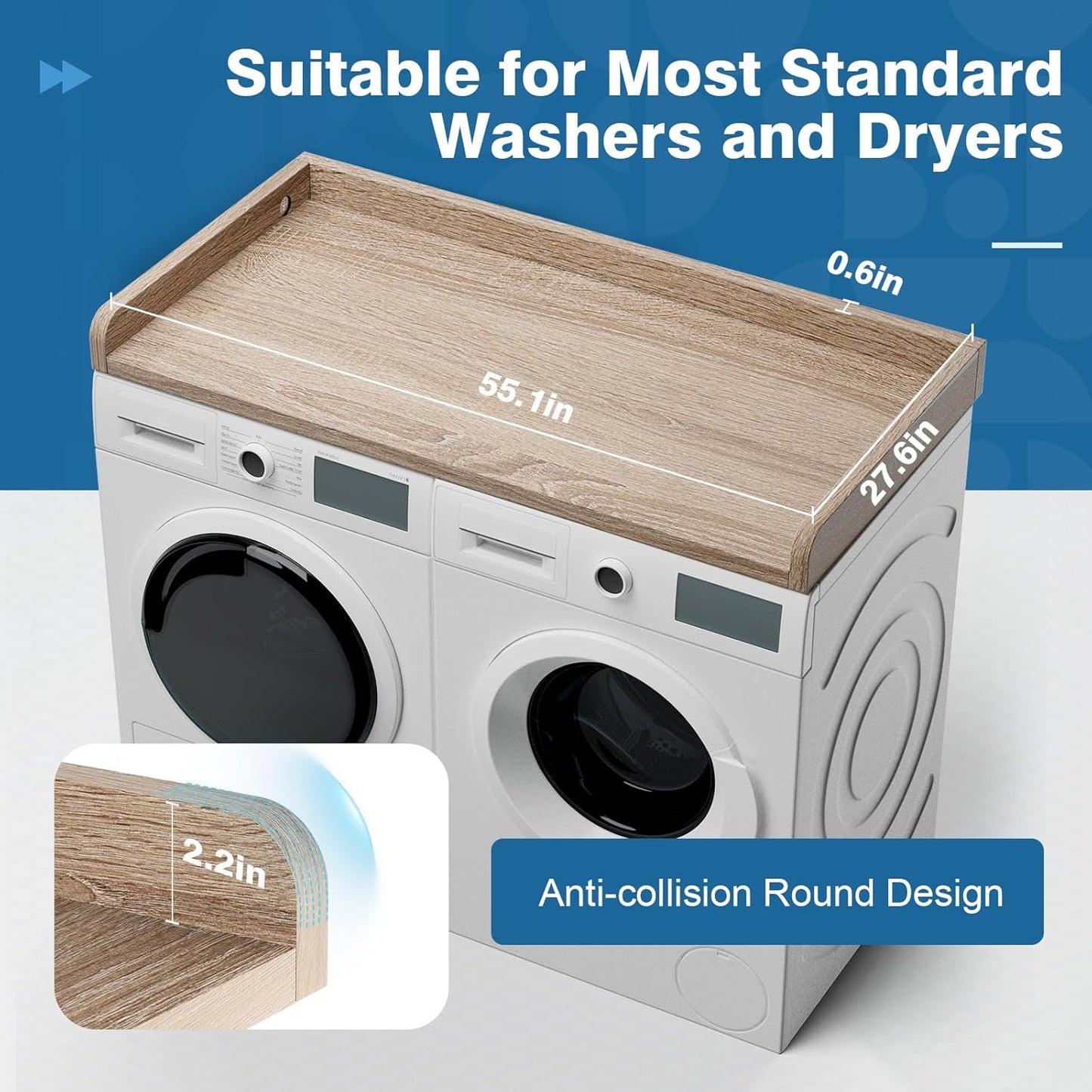 Washer Dryer Countertop 27.5" W x 54" L Laundry countertop for Storage and Organization with Edge Rails, Oak (O