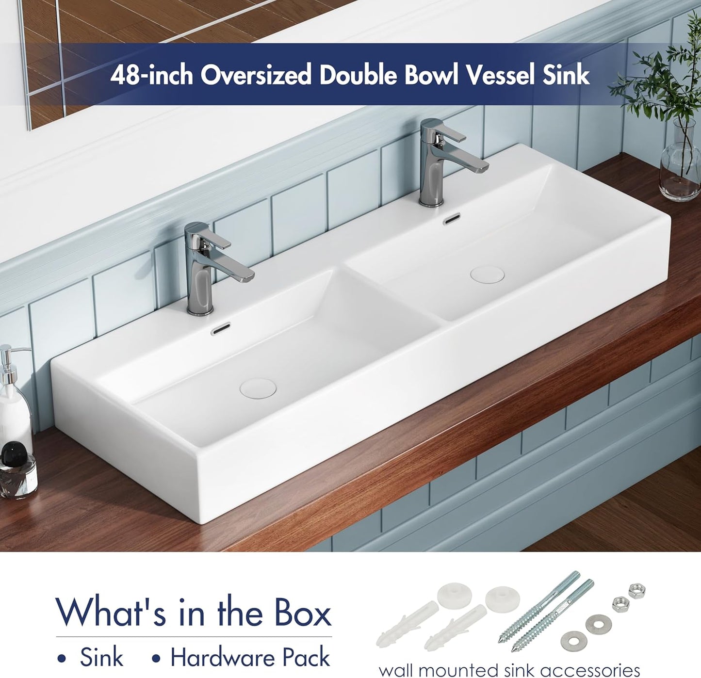 Eridanus 48" x 16.5" Bathroom Sinks, Trough Sink Bathroom with Double-Bowl & Chrome Overflow, Wall Mou