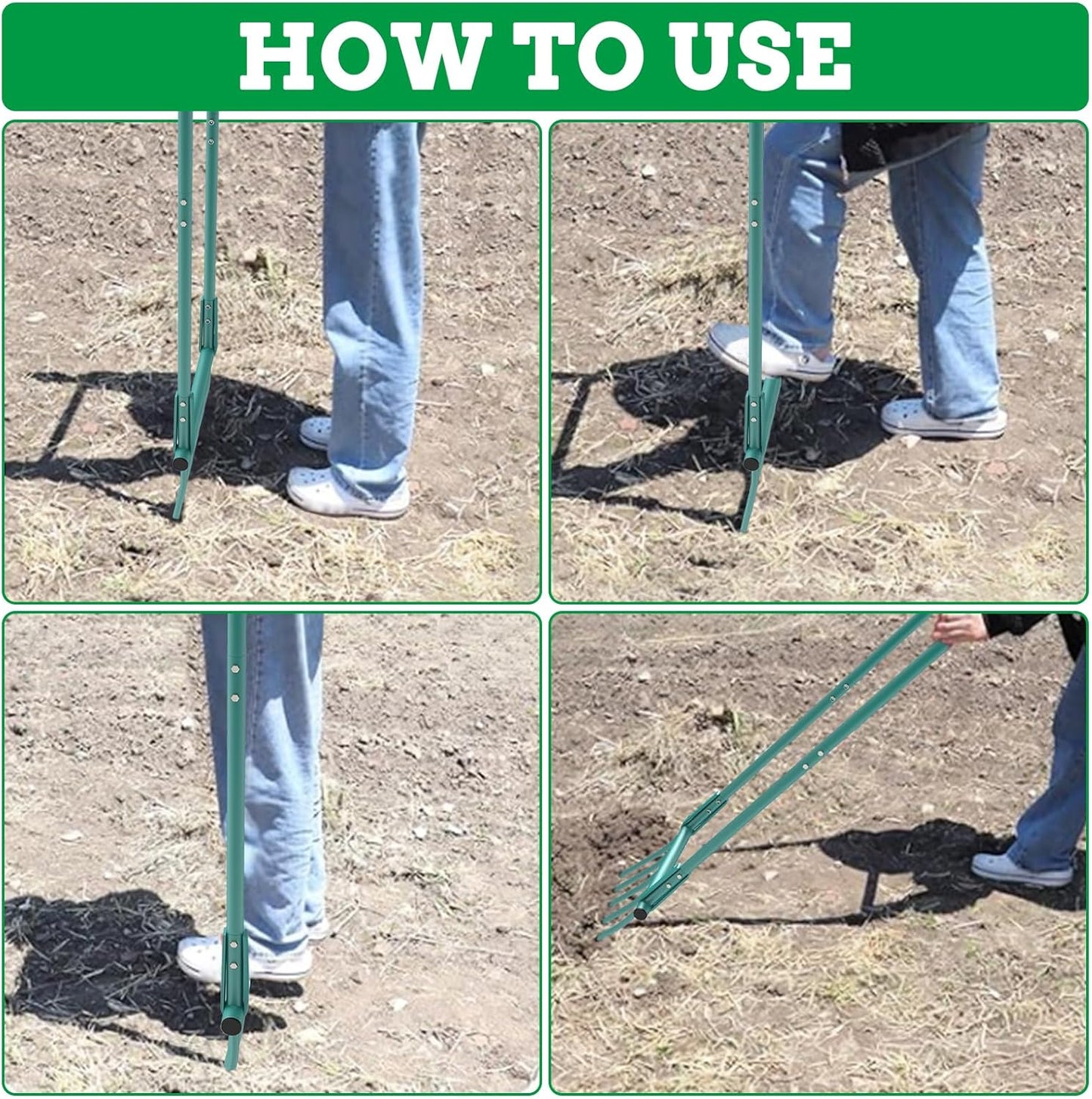 5 Steel Tines 20 in Wide BroadFork Garden Tool Heavy Duty Green Hand Tiller, 55 inch Long Handle