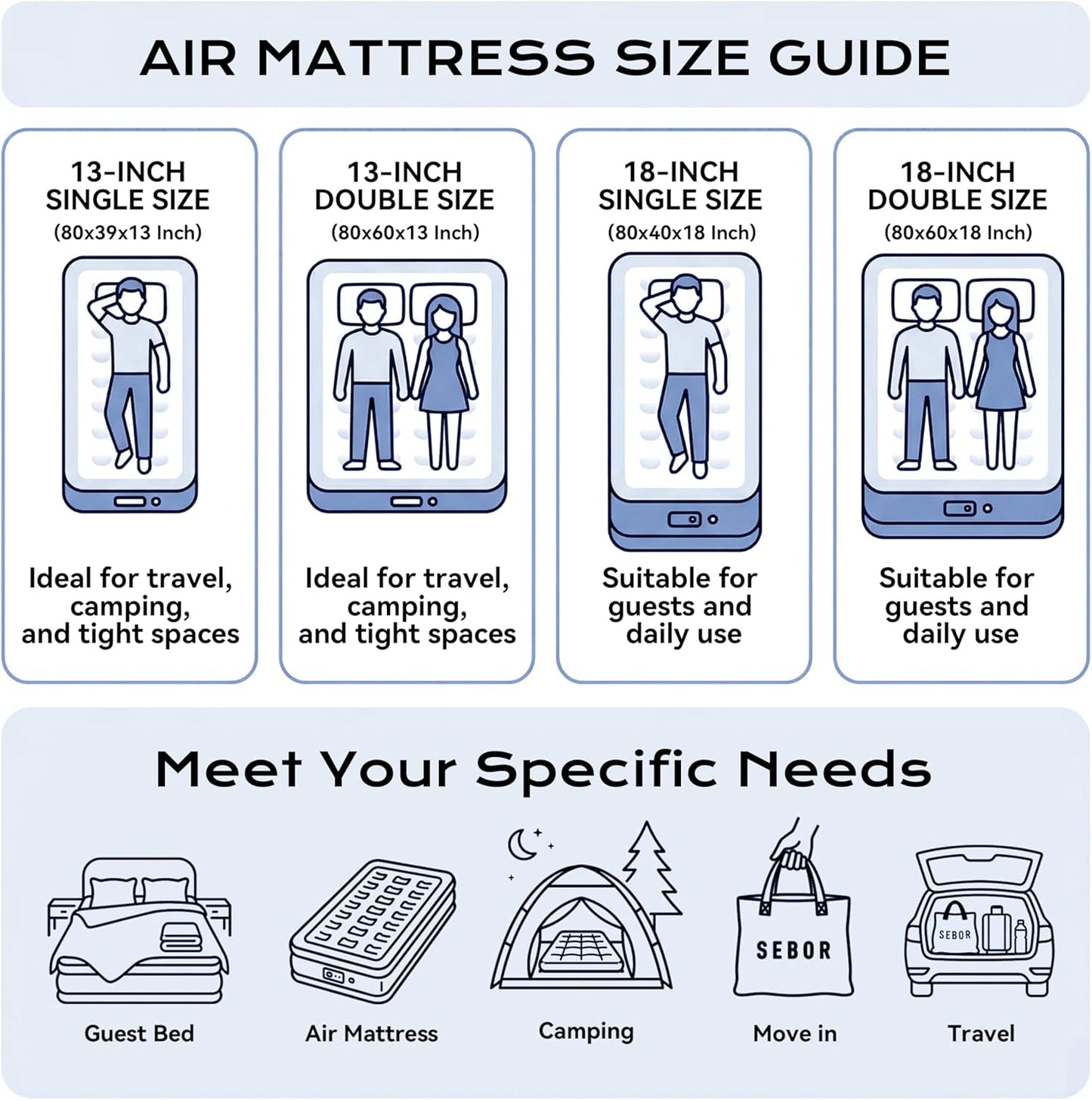 Air Mattress Twin with Built-in Pump 13", Comfortable Self-Inflating Blow up Mattress, Blue