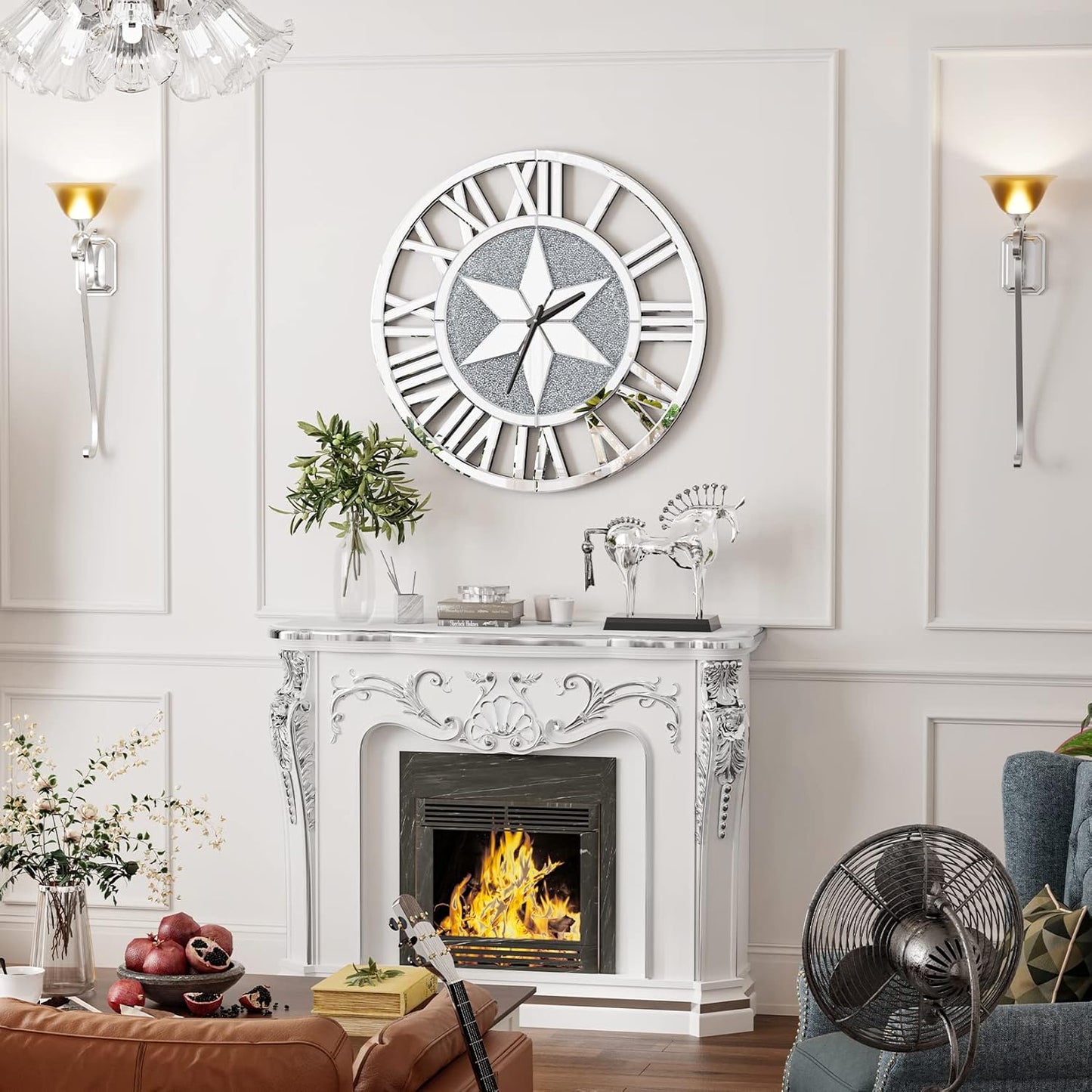 Artloge Round Mirrored Wall Clock: 24 inch Big Decorative Clock with Silver Glass Beveled Bling Crystal Edge Frame, Home Kitchen Modern Art Decor for
