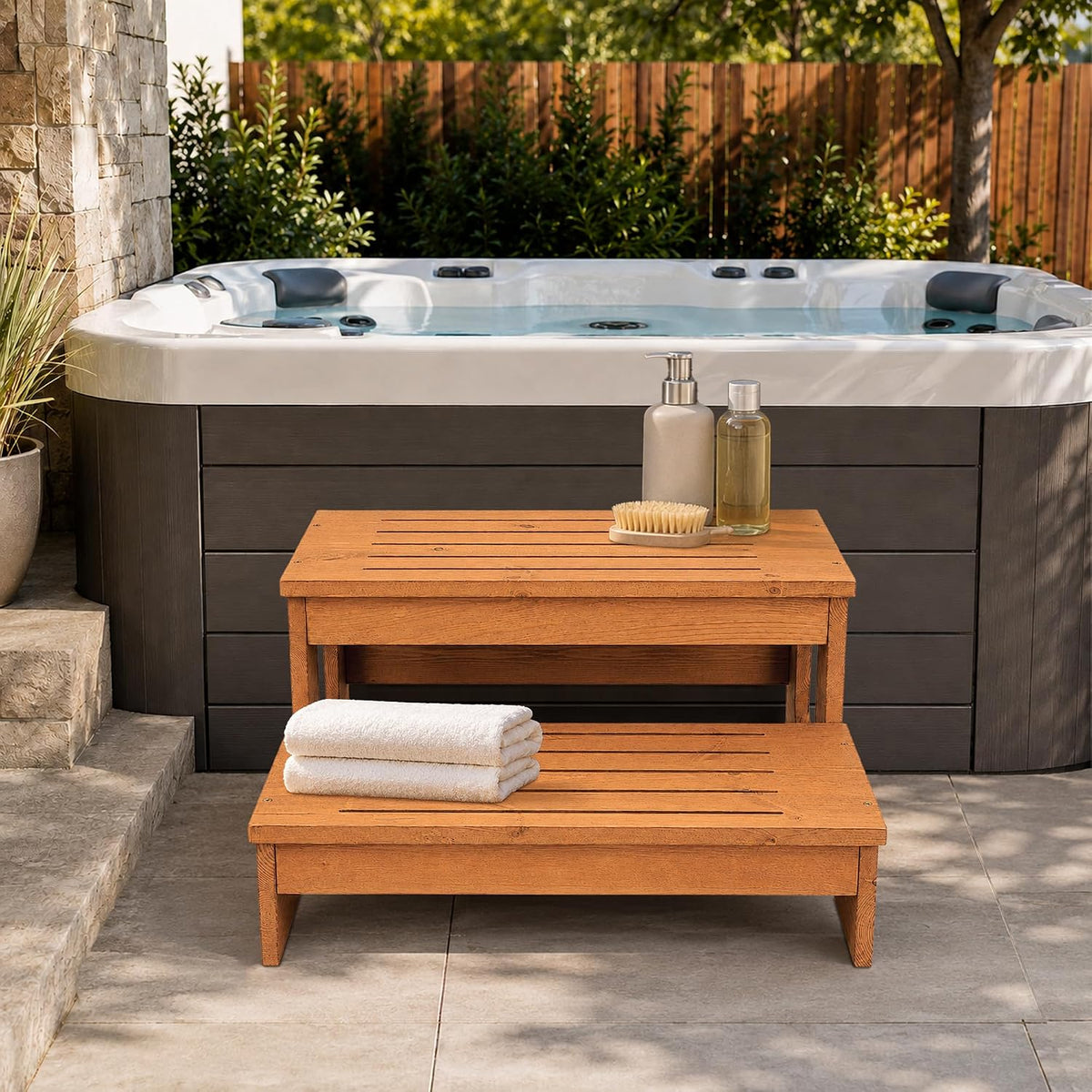 Wood Hot Tub Steps, Waterproof & Non-Slip Outdoor Spa, Pool Stairs Straight:24.7"x13.2" Oak