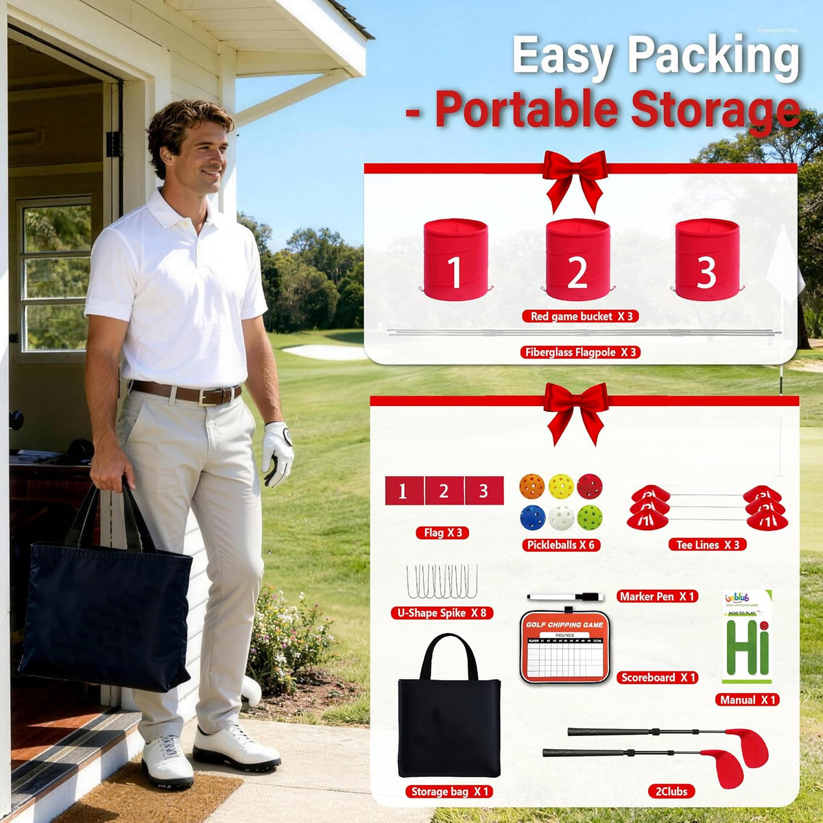 Golf Game Set, 3 Hole Backyard Golf with Adjustment Clubs/Carry Bag