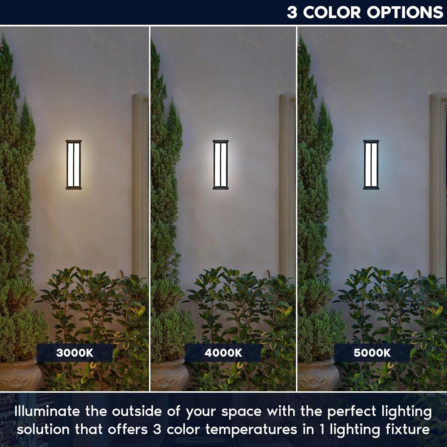LED Outdoor Wall Sconce, 16in Outdoor Wall Light, Black Aluminum, 3CCT 3000K 4000K 5000K, 15W, ETL, IP65 Waterproof, Modern Exterior Lights for House