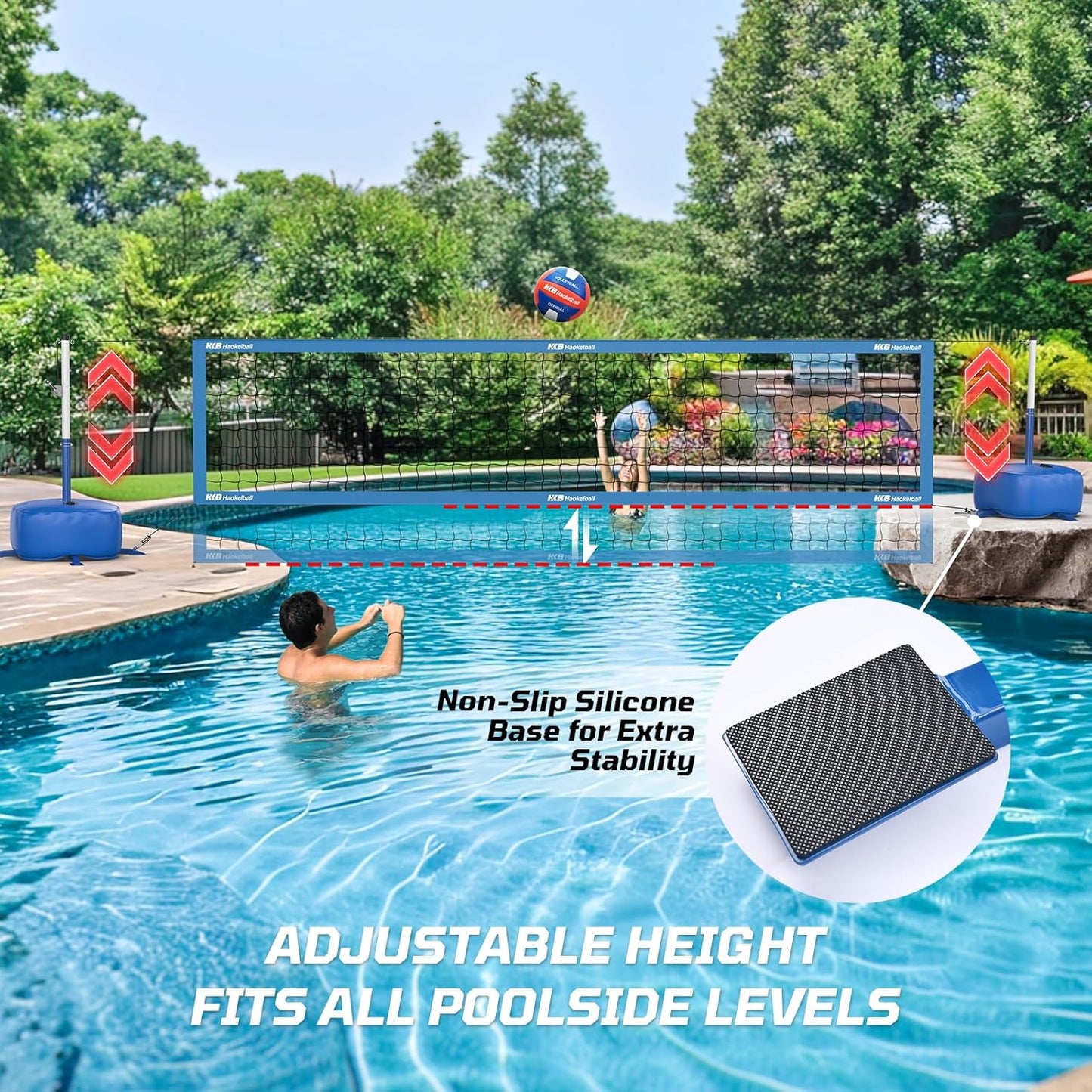 Pool Volleyball Net Set with Adjustable 15ft-32ft Length & Height, LED Lights, 2 Volleyballs (1 glows in the dark)