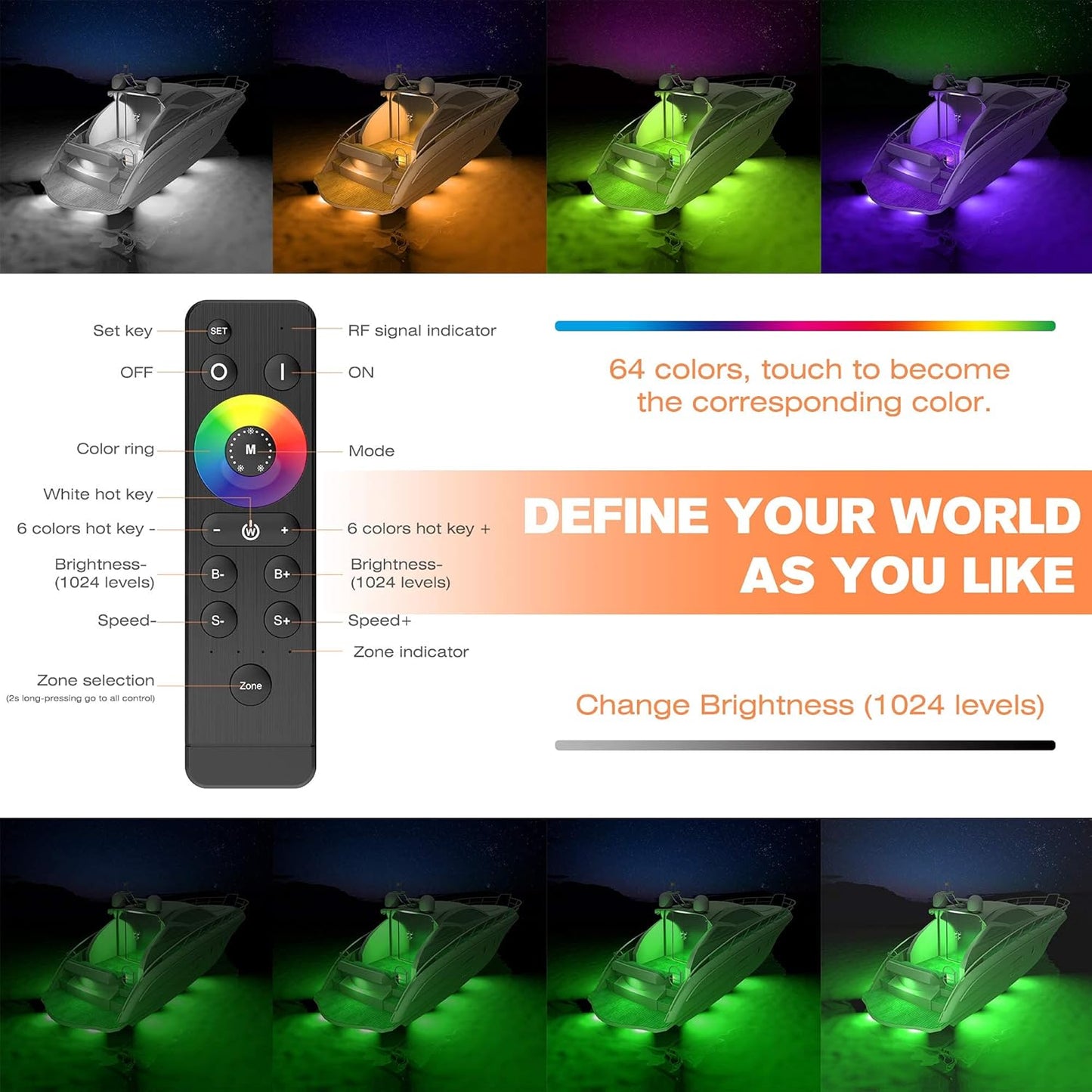 HUSUKU GT3 RGB Boat LED Light Underwater Marine Color Light Kit, 6000 LM 12 V 60 W 72 LED IP68 Waterproof, All-Metal, Wirel