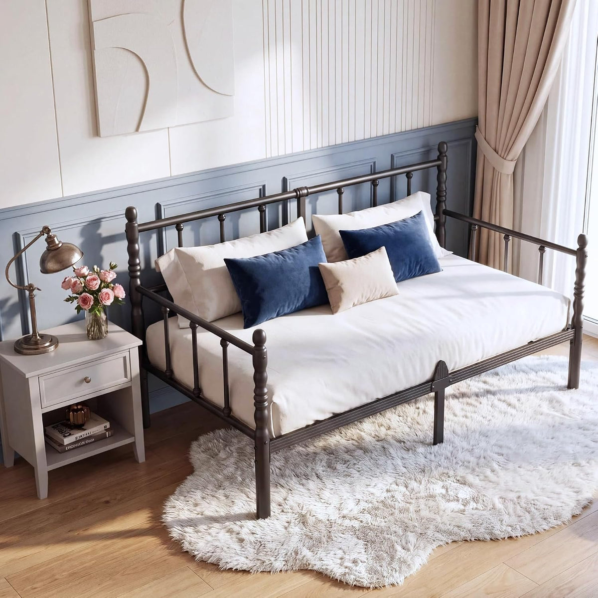 12 Inch Black Vintage Twin Daybed Frame with Sturdy Metal Slats