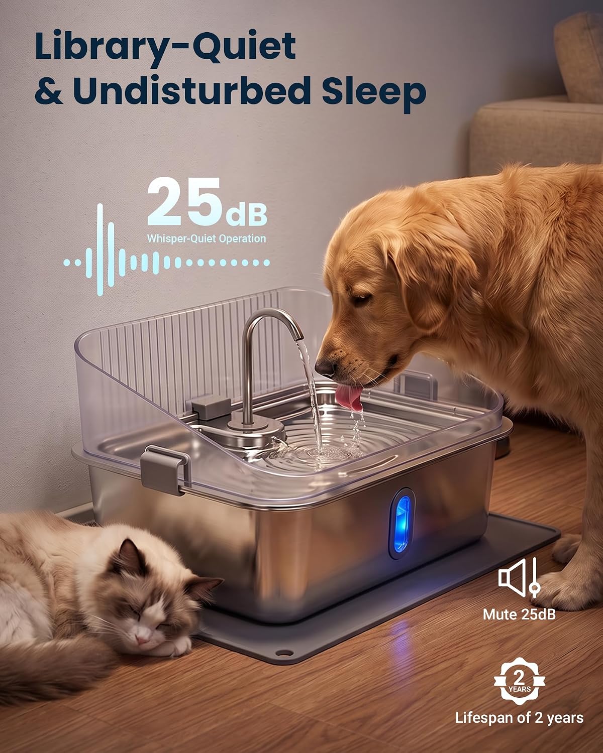 3.17 Gal Dog Water Fountain for Large Dogs, Stainless Steel Pet Water Dispenser with Splash Guard, Large Capacity, Visible Window, Quiet Pump, 3 Filters and Silicone Mat, Metallic Silver 3.17Gal Fountain & 3 Filters, Metallic Silver