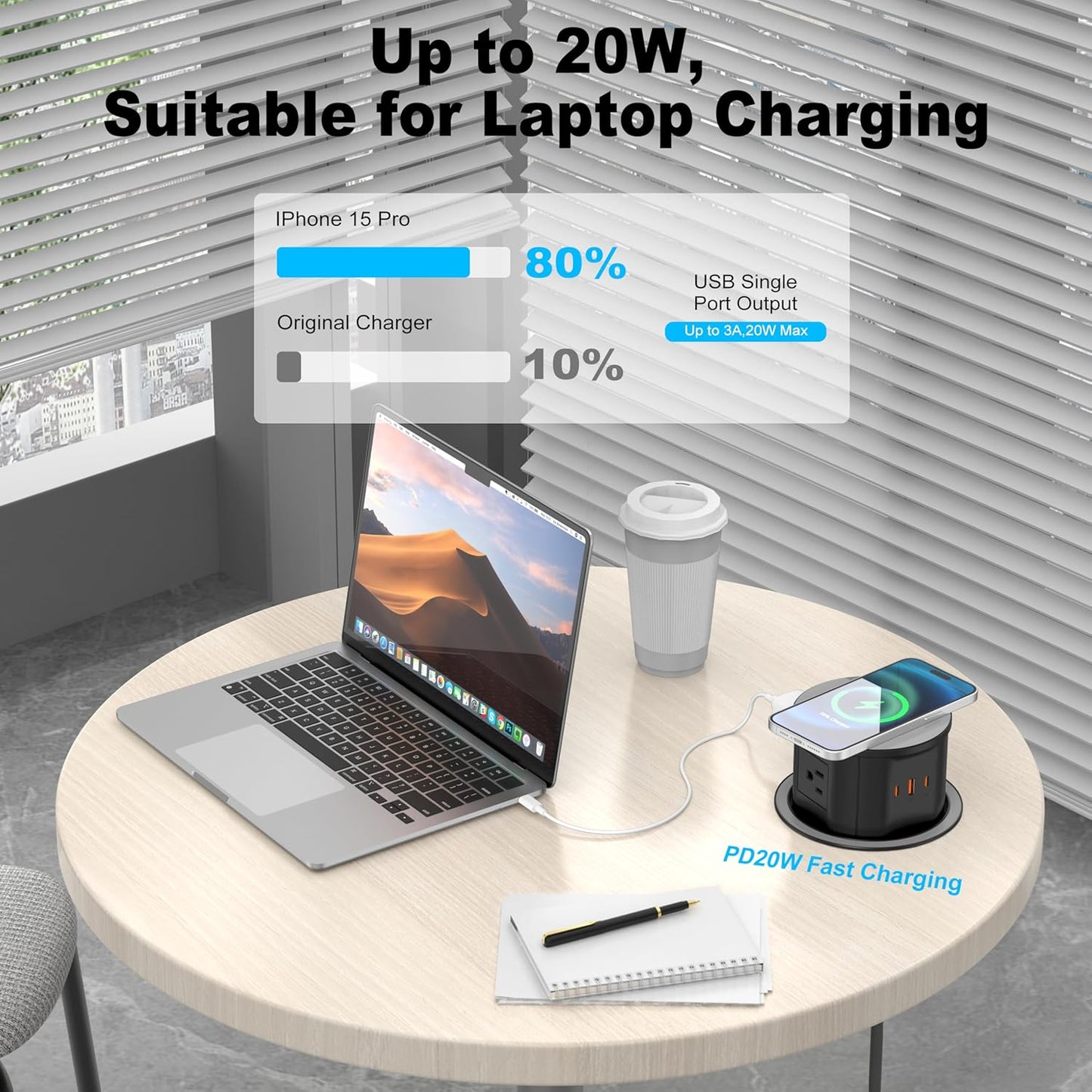 Pop Up Countertop Outlet with 15W Wireless Charger, 4 AC Outlets & PD 20W USB-C Fast Charging Station, 4.75 inch Desk Power Grommet Outlet Connect 6FT