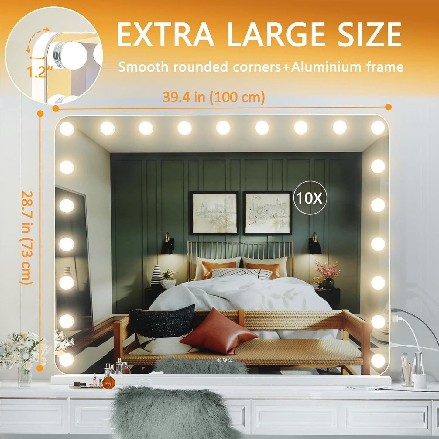 Hasipu Vanity Mirror with Lights and Bluetooth Speaker, 40" x 29" Hollywood Makeup Mirror with 21 Dimmable Bulbs and