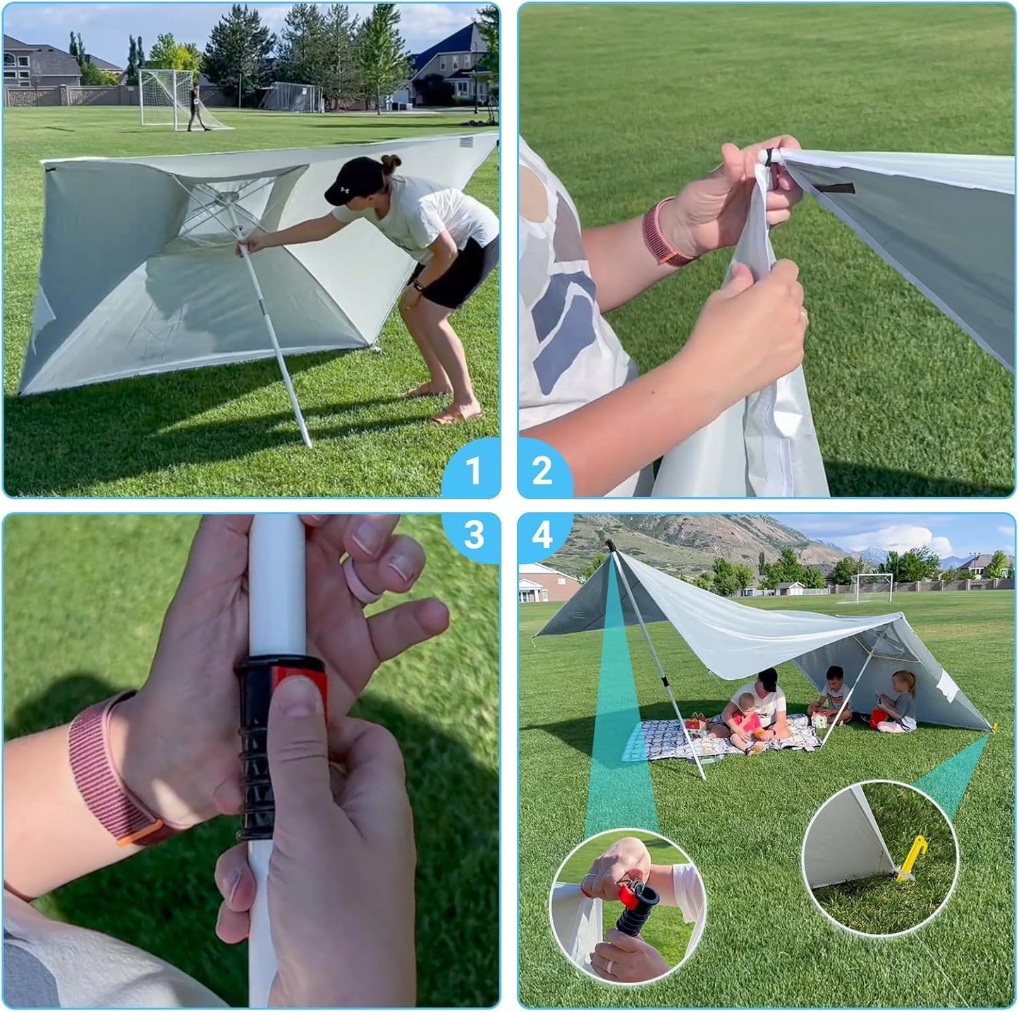 2-in-1 Beach Umbrella and Beach Shade Canopy, 6x6 FT Beach Tent Sun Shelter with Stability Poles, Carrying Bag